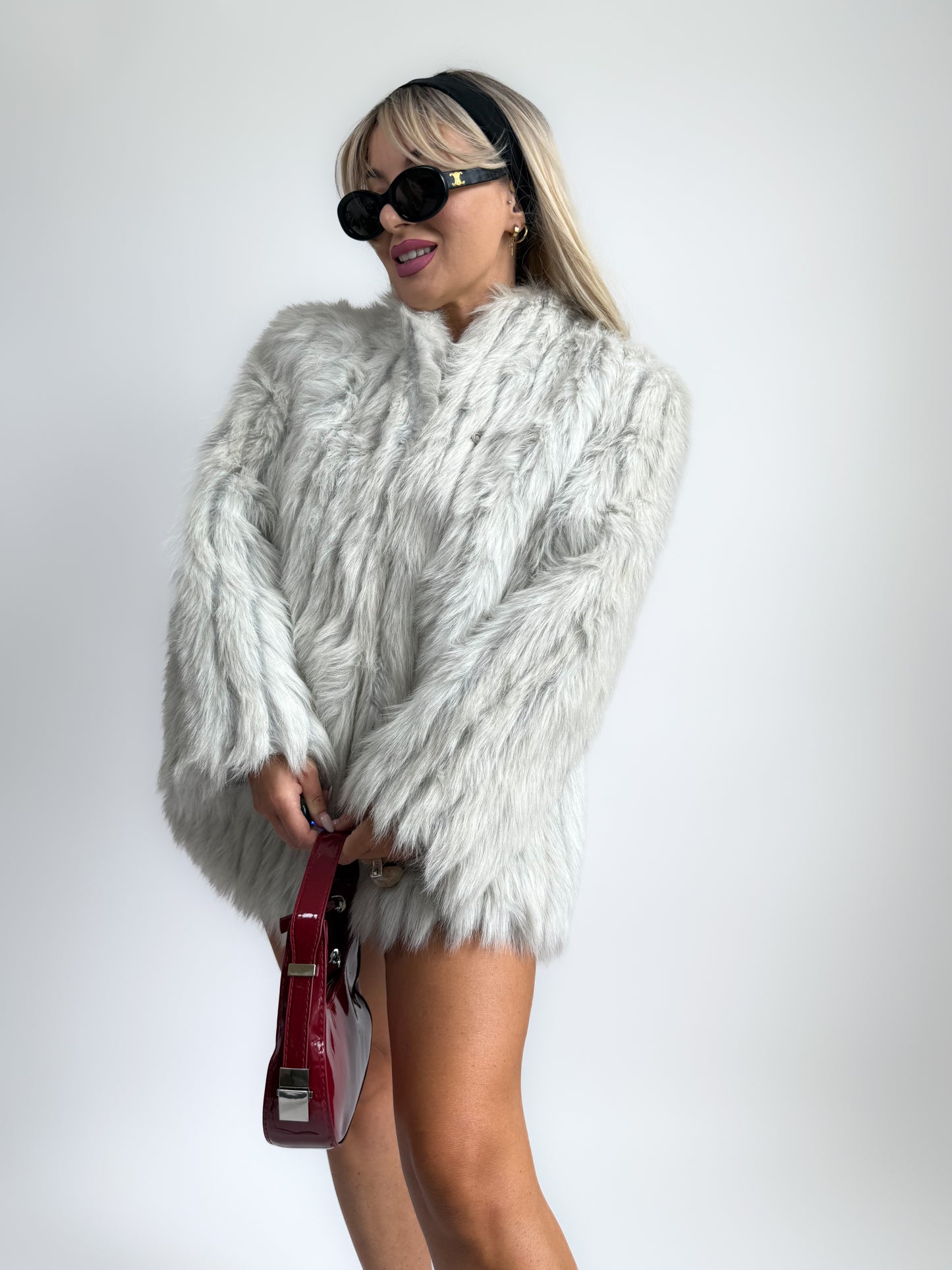 Vintage Faux Fur Jacket Ivory Grey Winter Wedding Bridal Coat in M