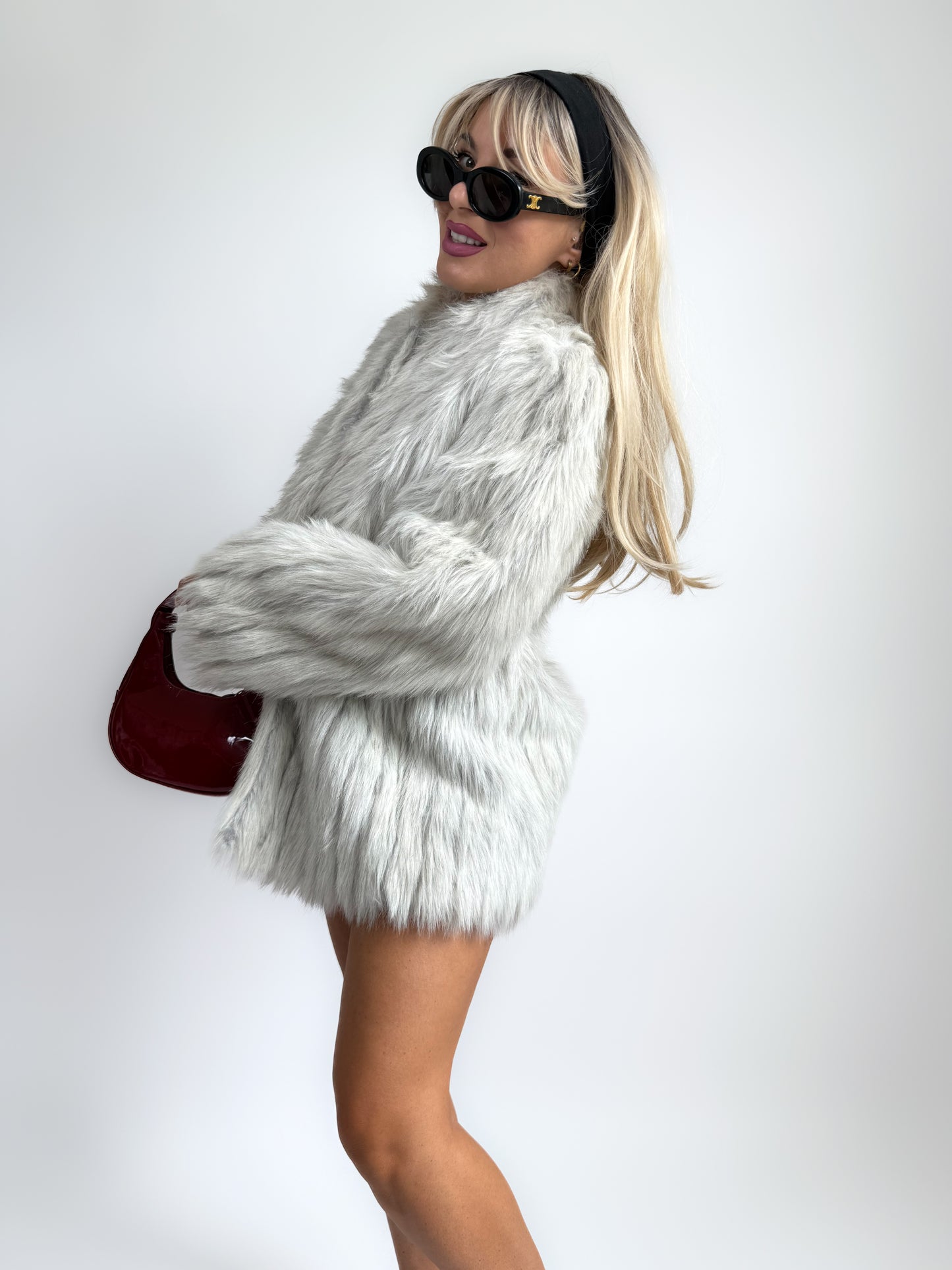 Vintage Faux Fur Jacket Ivory Grey Winter Wedding Bridal Coat in M