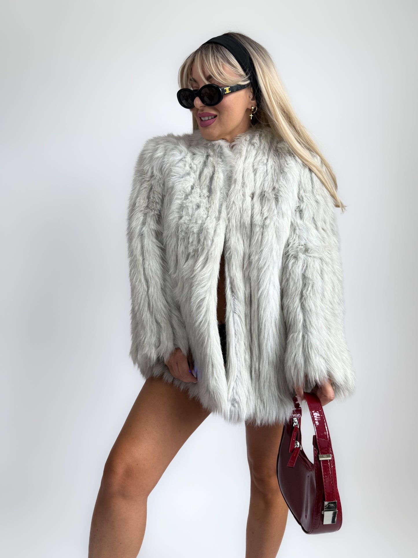Vintage Faux Fur Jacket Ivory Grey Winter Wedding Bridal Coat in M