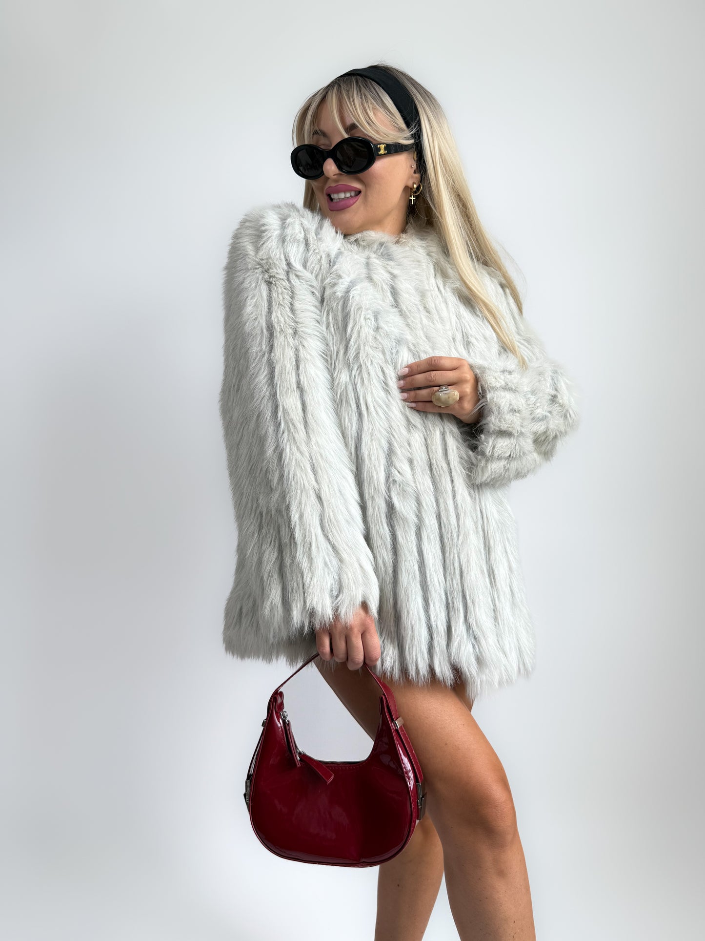 Vintage Faux Fur Jacket Ivory Grey Winter Wedding Bridal Coat in M