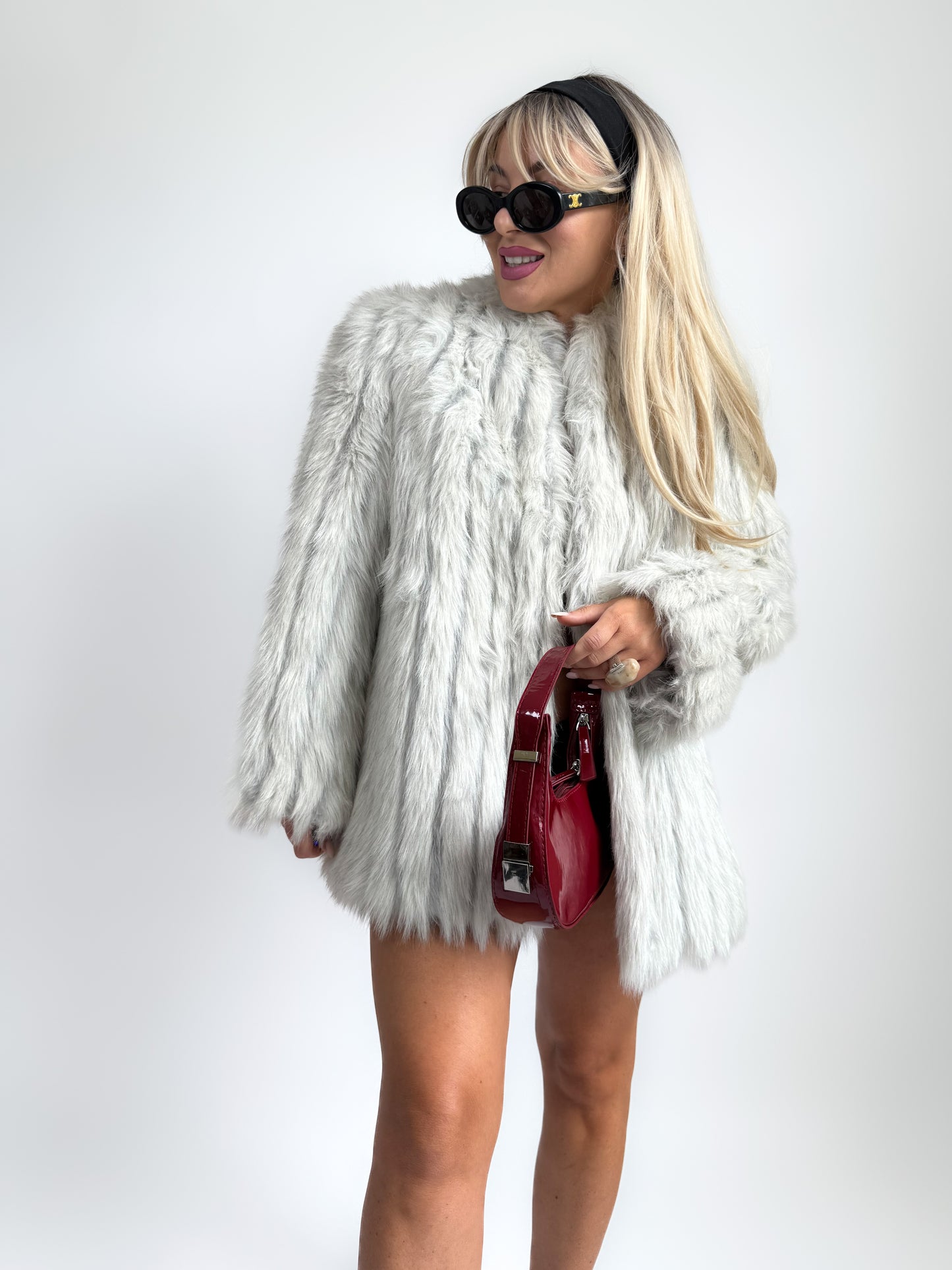 Vintage Faux Fur Jacket Ivory Grey Winter Wedding Bridal Coat in M