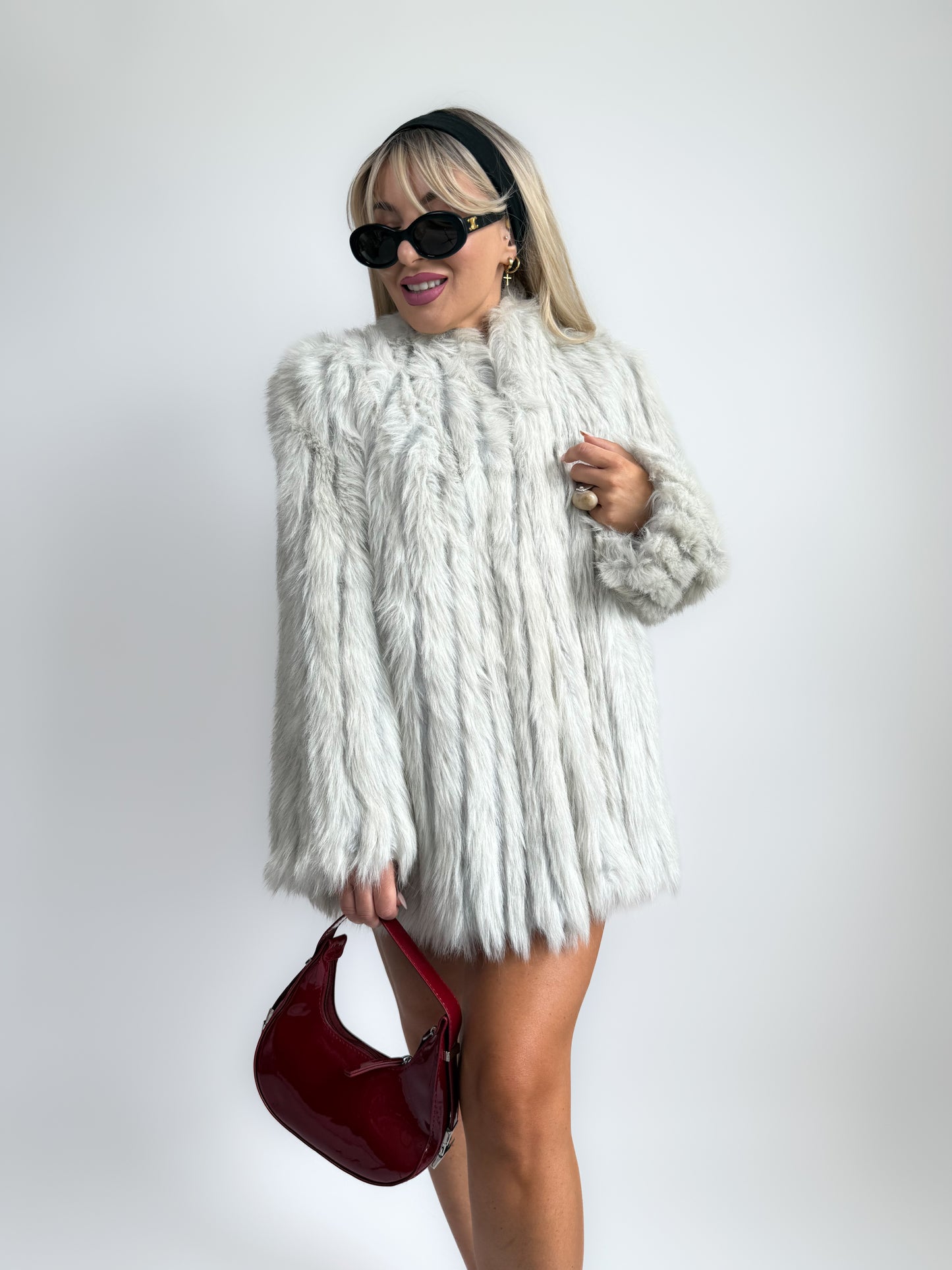Vintage Faux Fur Jacket Ivory Grey Winter Wedding Bridal Coat in M