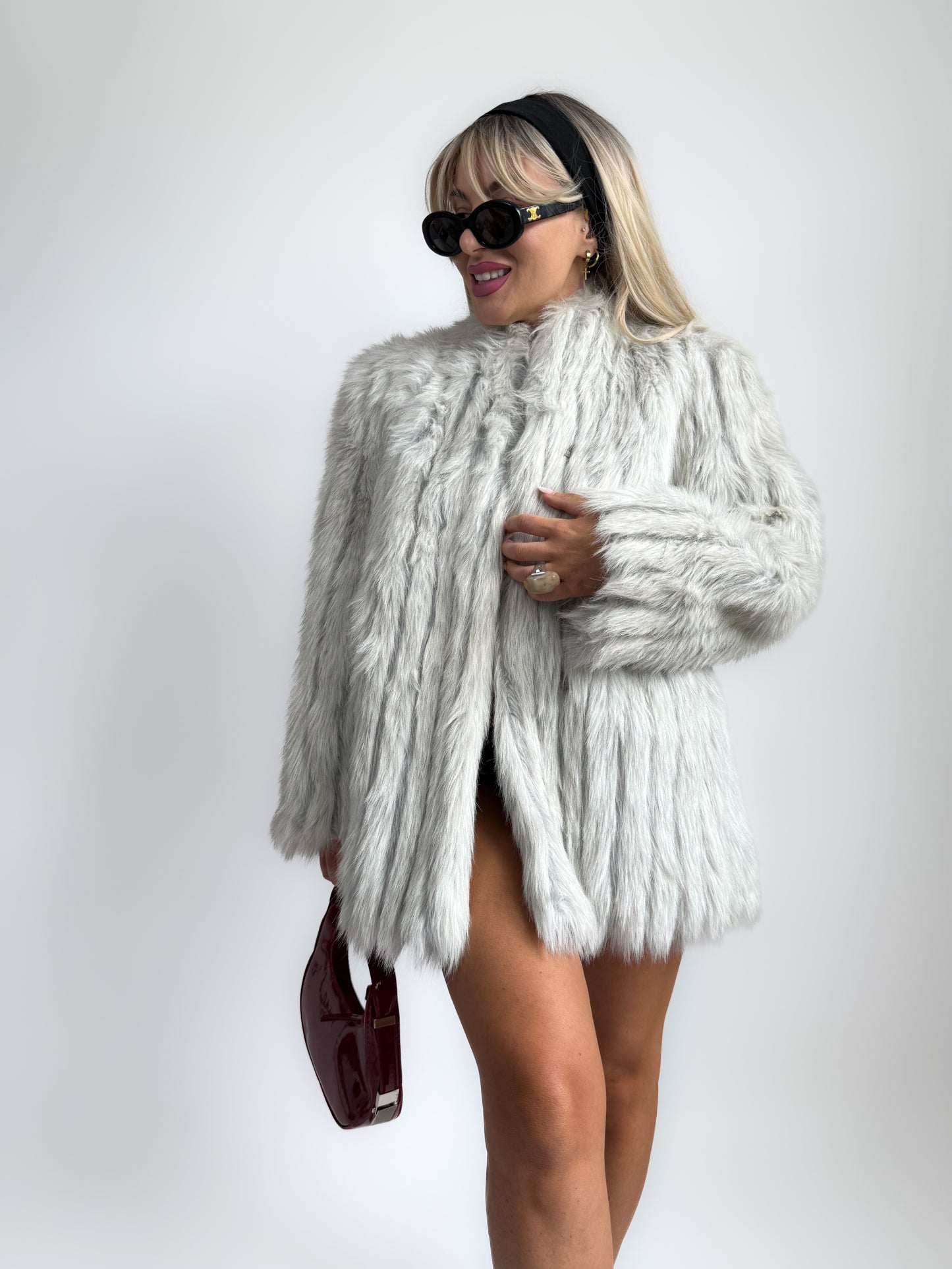 Vintage Faux Fur Jacket Ivory Grey Winter Wedding Bridal Coat in M