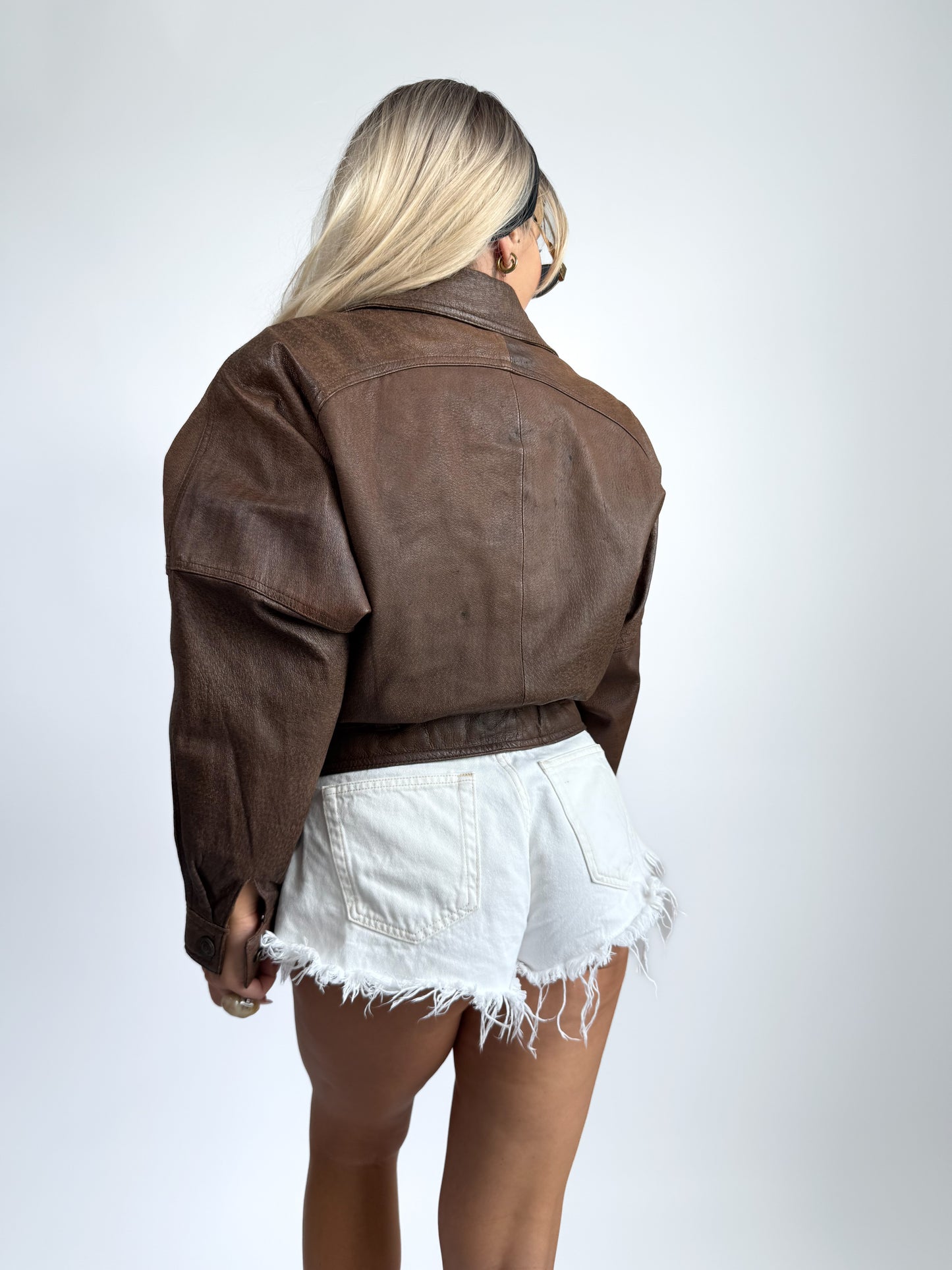 Brown Natural Leather Bomber Jacket – Y2K 90s Streetstyle Biker Coat S-M