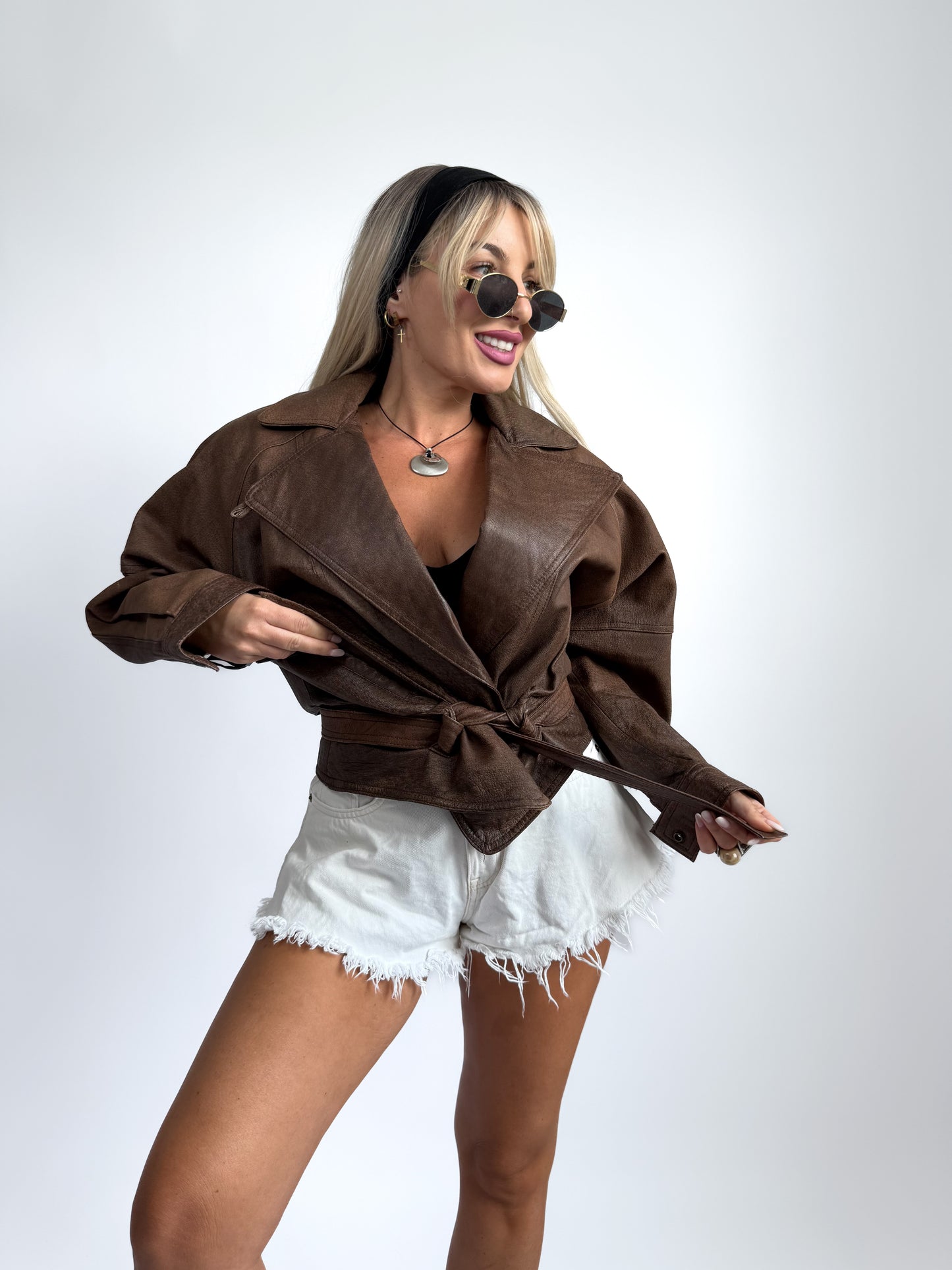 Brown Natural Leather Bomber Jacket – Y2K 90s Streetstyle Biker Coat S-M