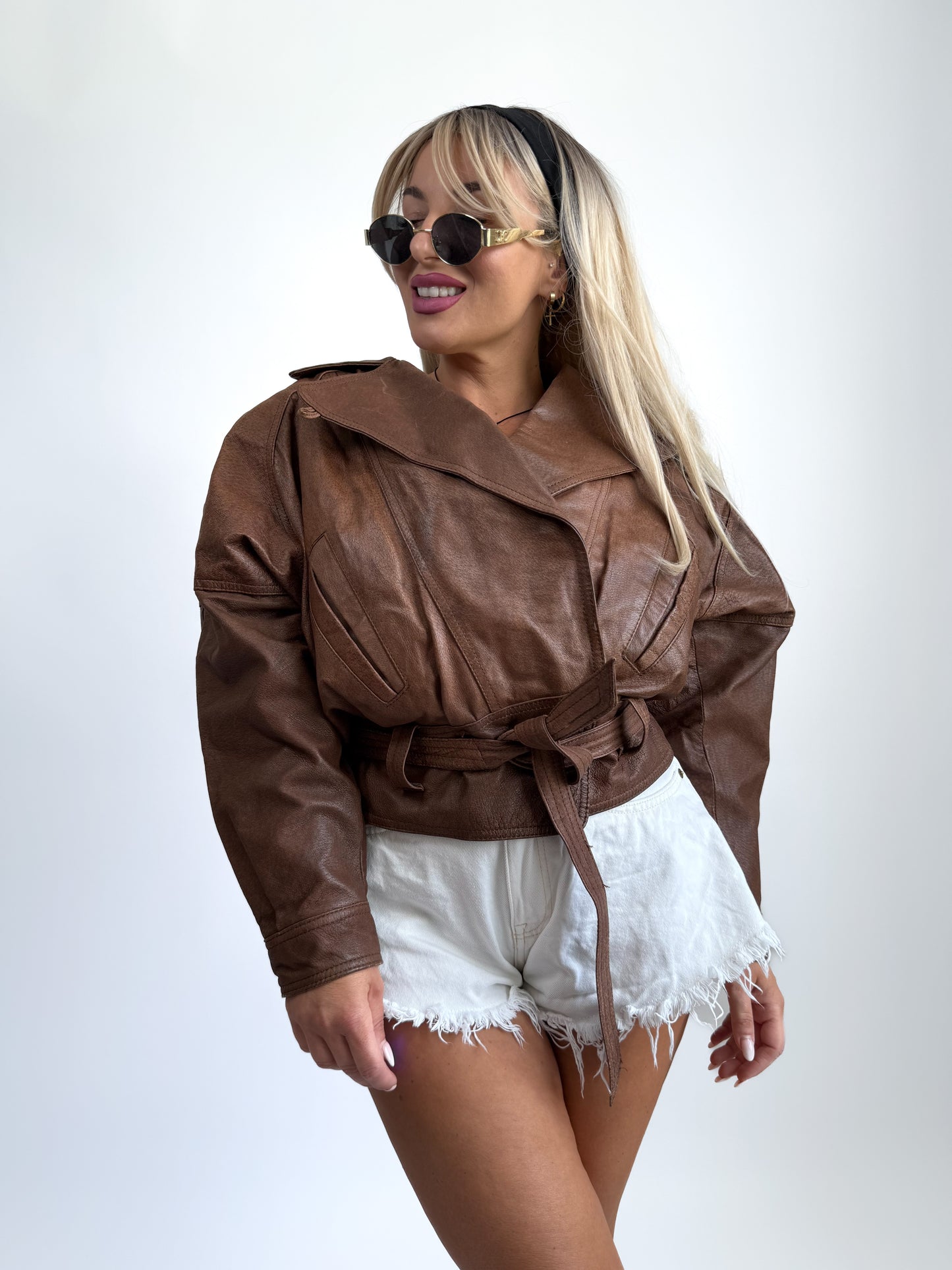 Vintage Brown Real Leather Bomber Biker Jacket - y2k 90s Streetwear Style
