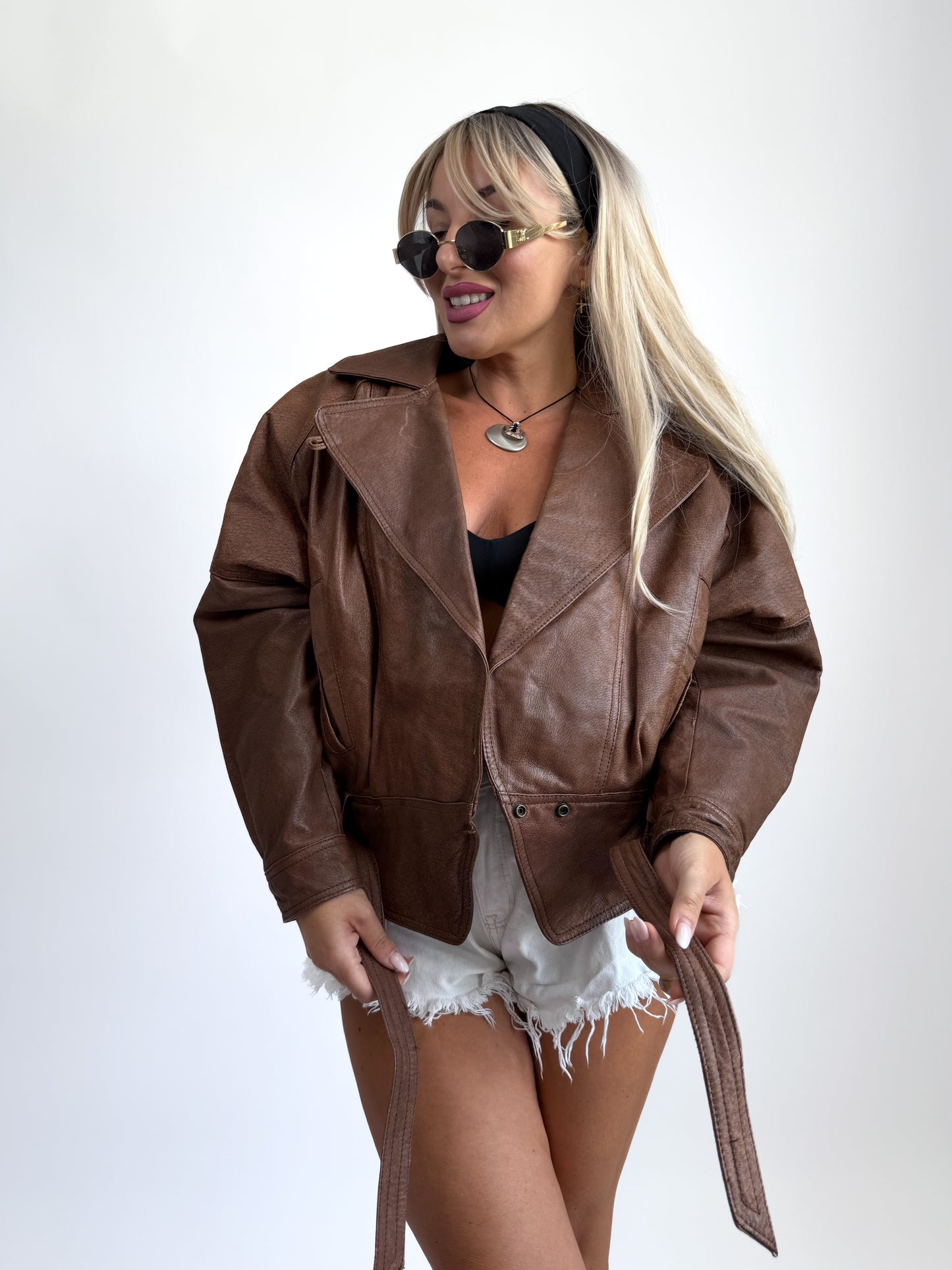 Vintage Brown Real Leather Bomber Biker Jacket - y2k 90s Streetwear Style