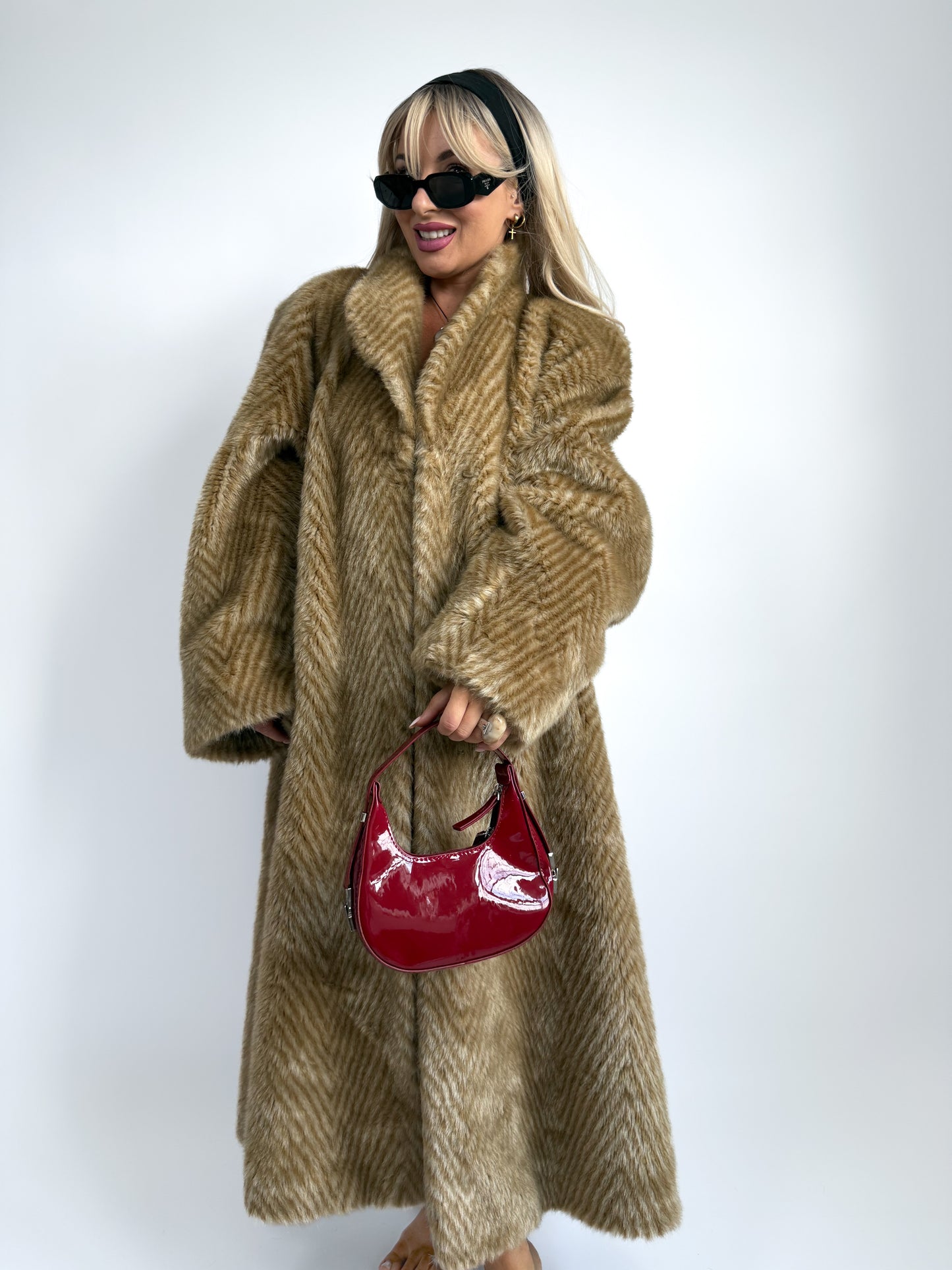 Vintage Honey Chevron Faux Fur Maxi Coat - Full Length Heavyweight Winter Coat in L-XL