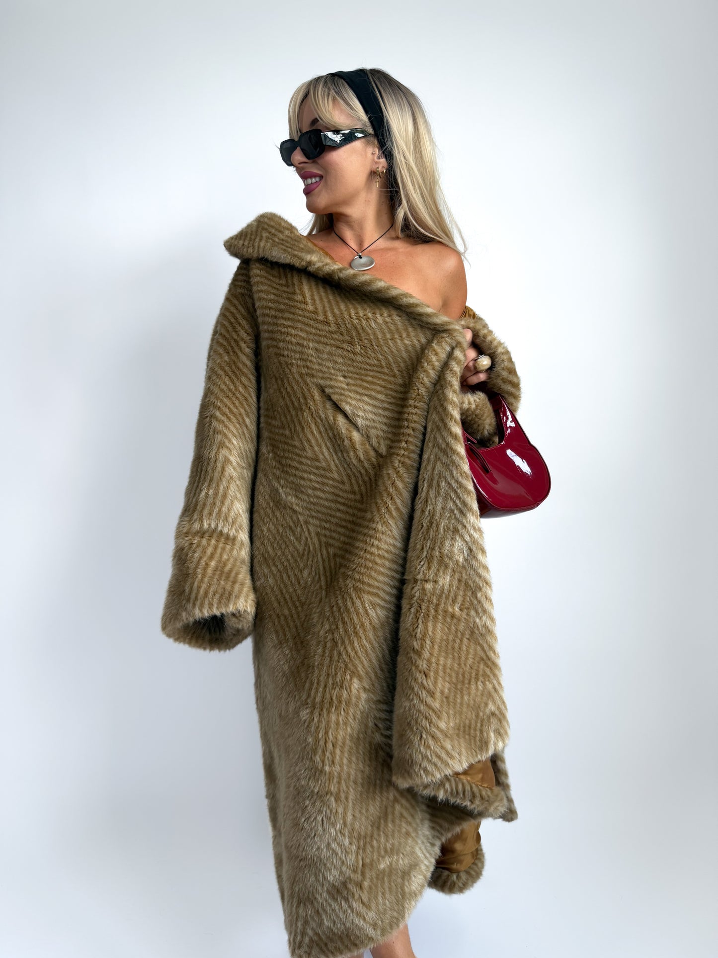 Vintage Honey Chevron Faux Fur Maxi Coat - Full Length Heavyweight Winter Coat in L-XL