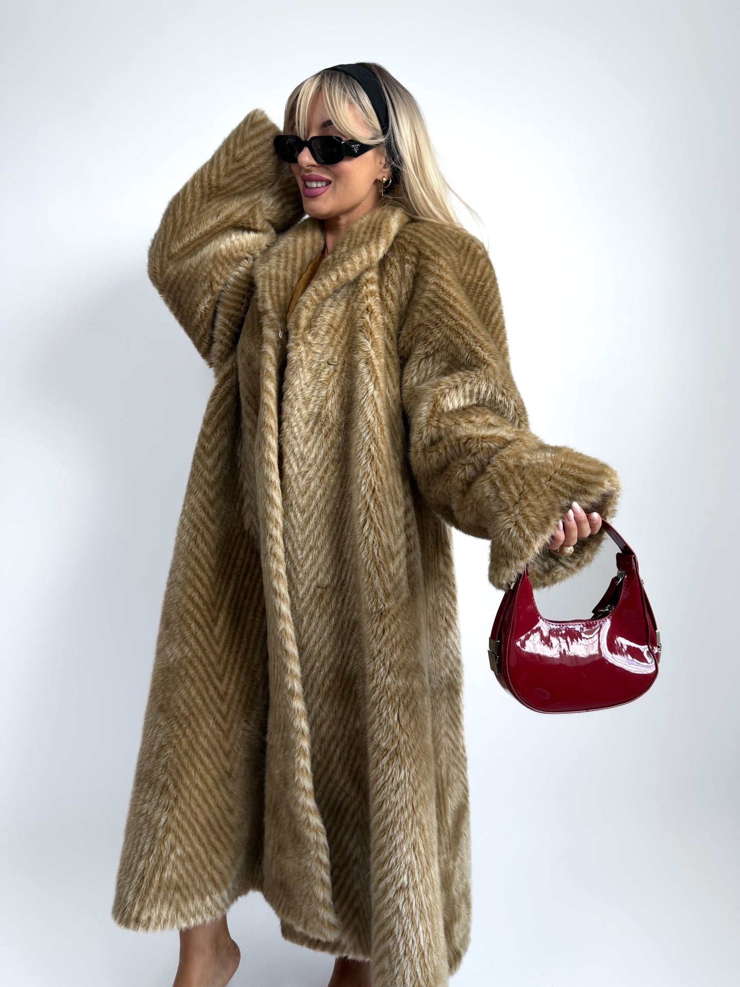 Vintage Honey Chevron Faux Fur Maxi Coat - Full Length Heavyweight Winter Coat in L-XL