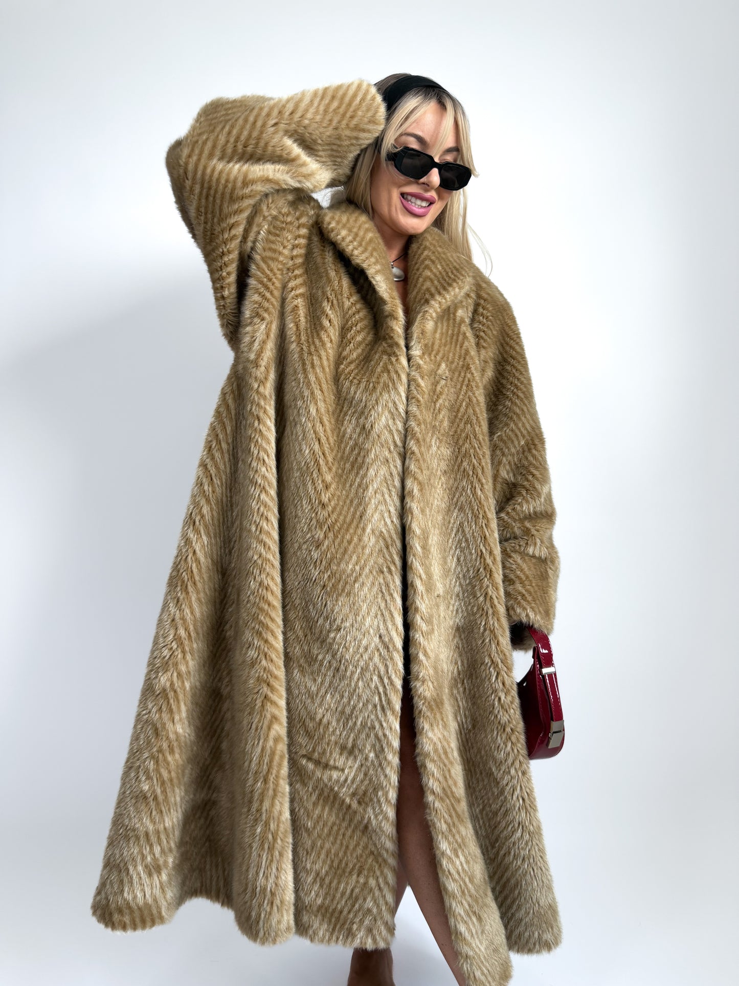 Vintage Honey Chevron Faux Fur Maxi Coat - Full Length Heavyweight Winter Coat in L-XL