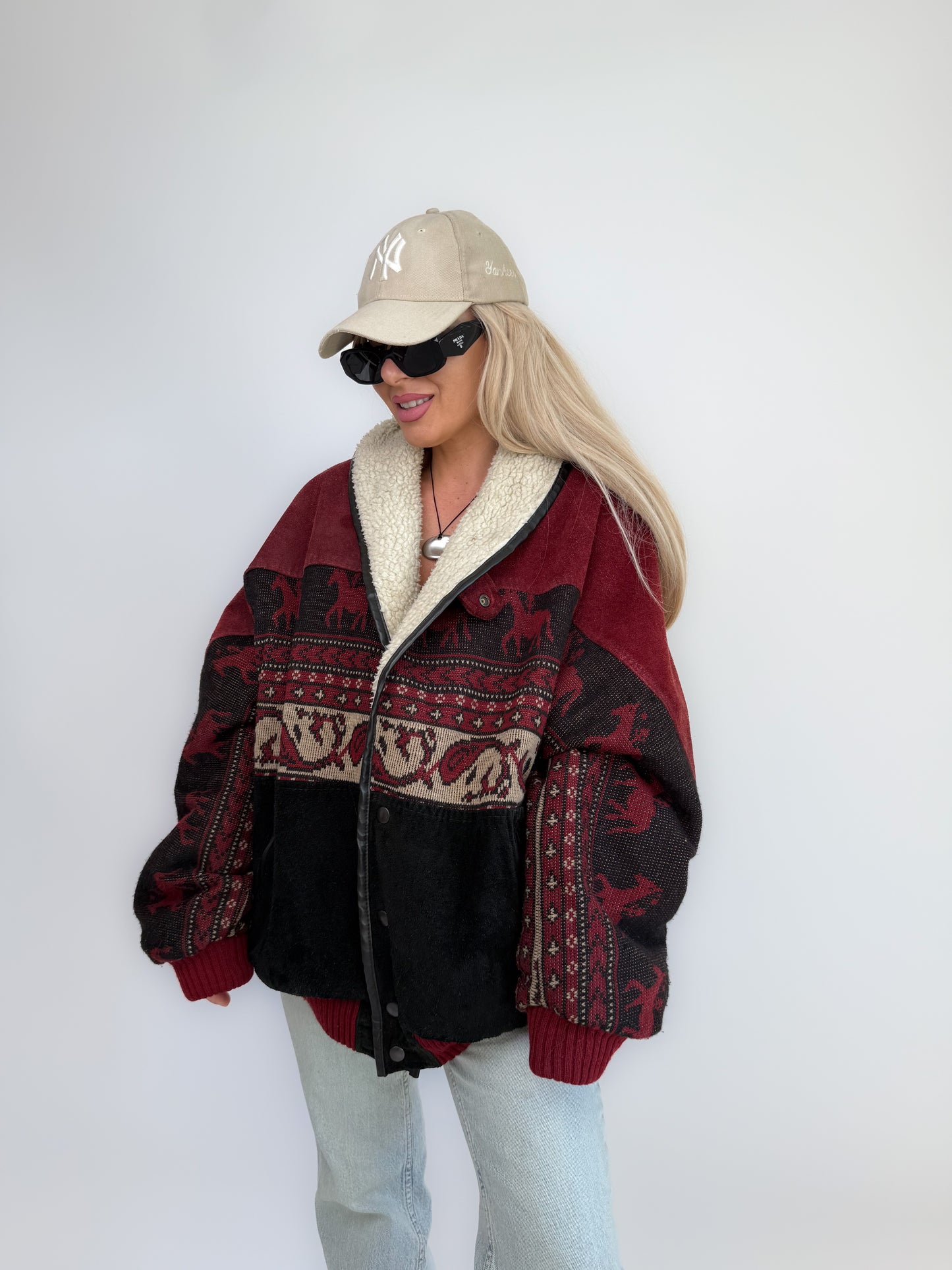 Vintage Black & Red Navajo Aztec Southwestern Jacket – Mens Western Boho Streetwear Bomber L-XL
