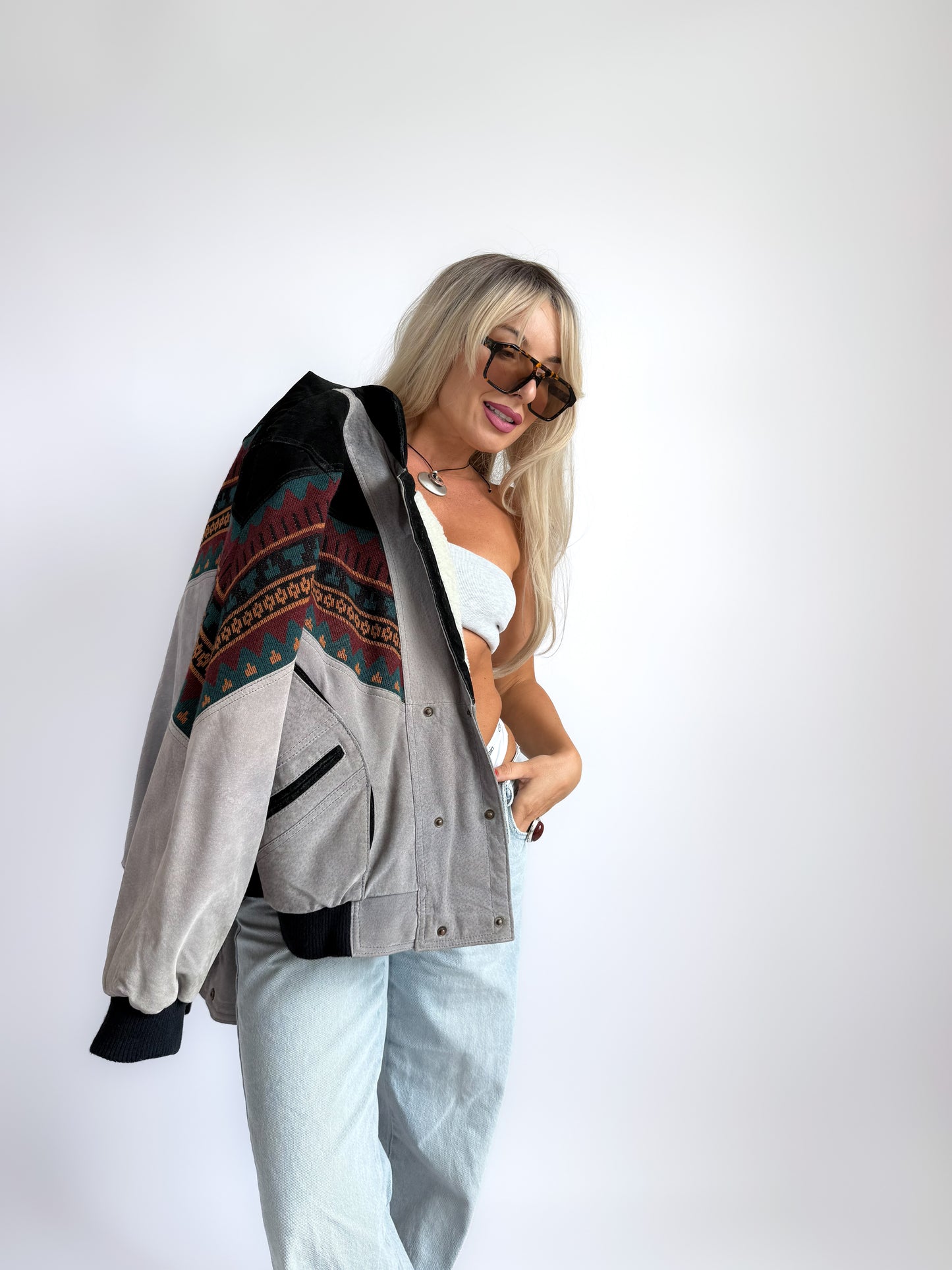 Vintage 90s Leather Suede Bomber Jacket with Sherpa Collar – Boho Aztec Navajo Print S-M