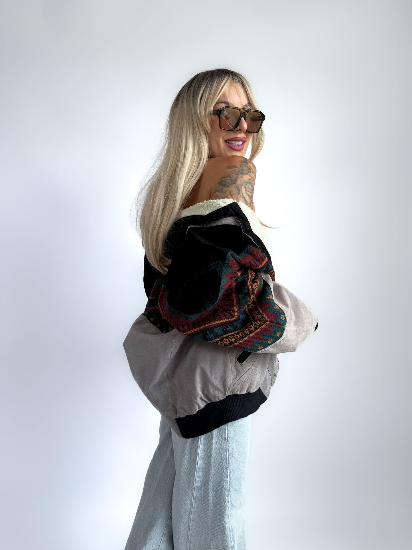 Vintage 90s Leather Suede Bomber Jacket with Sherpa Collar – Boho Aztec Navajo Print S-M