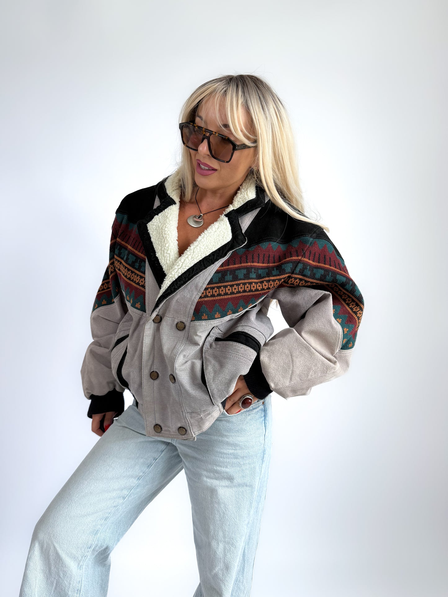 Vintage 90s Leather Suede Bomber Jacket with Sherpa Collar – Boho Aztec Navajo Print S-M