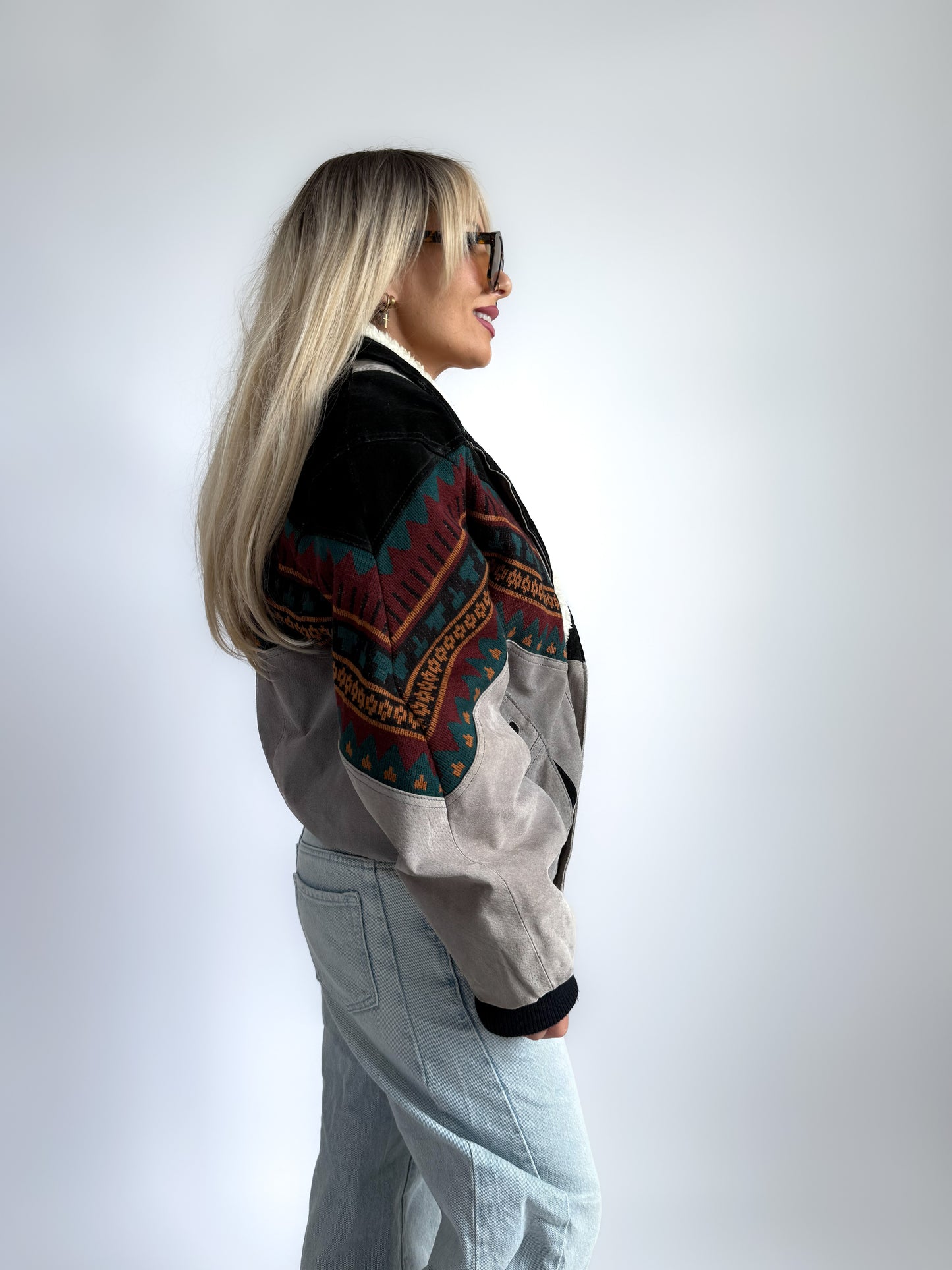 Vintage 90s Leather Suede Bomber Jacket with Sherpa Collar – Boho Aztec Navajo Print S-M