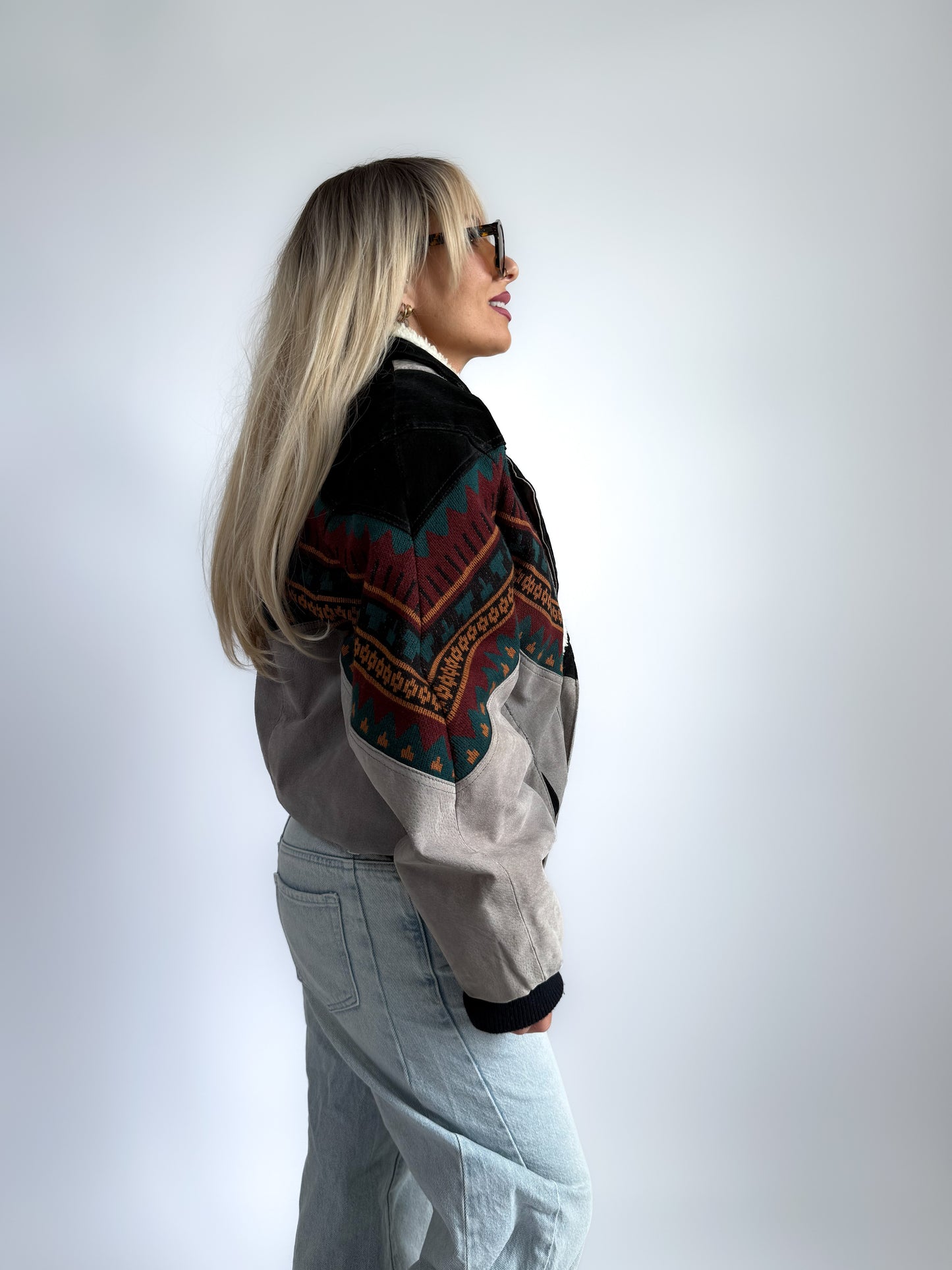 Vintage 90s Leather Suede Bomber Jacket with Sherpa Collar – Boho Aztec Navajo Print S-M