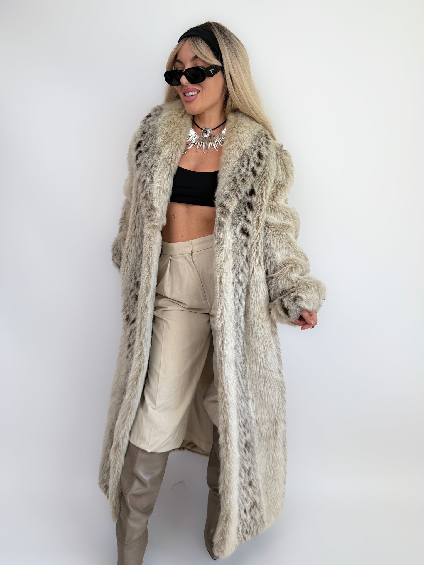 Snow Leopard Faux Fur Full-Length Vintage Coat S-M