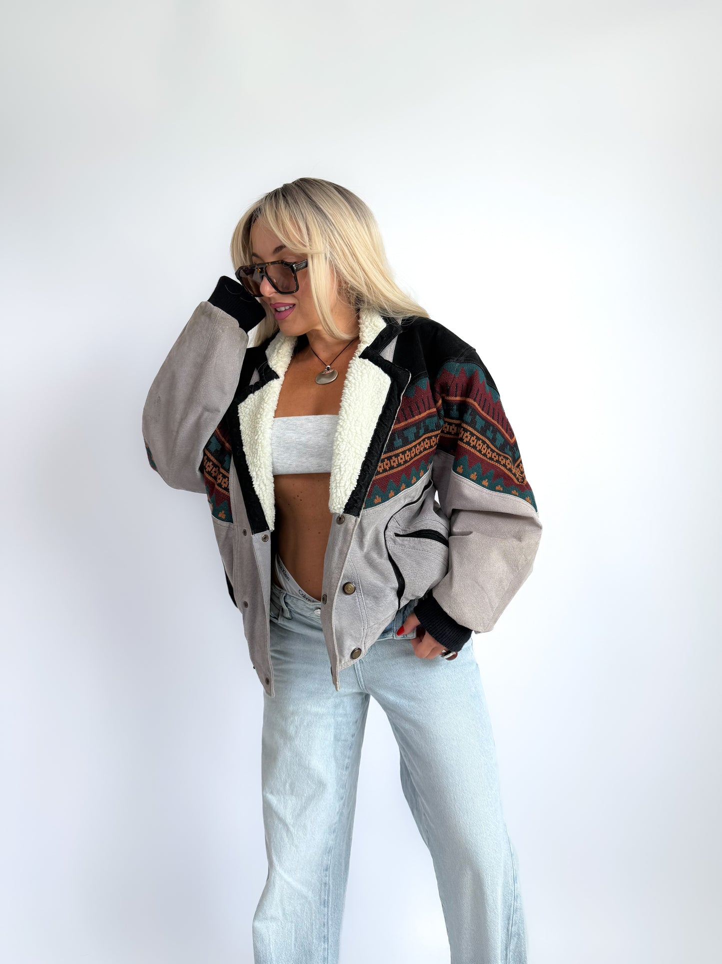 Vintage 90s Leather Suede Bomber Jacket with Sherpa Collar – Boho Aztec Navajo Print S-M
