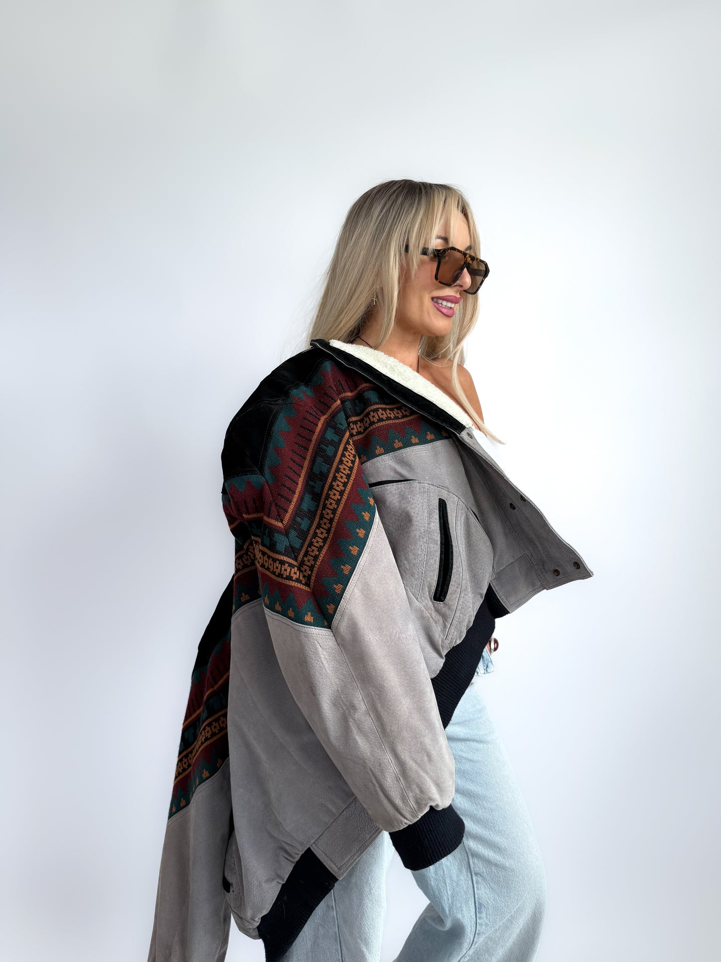 Vintage 90s Leather Suede Bomber Jacket with Sherpa Collar – Boho Aztec Navajo Print S-M