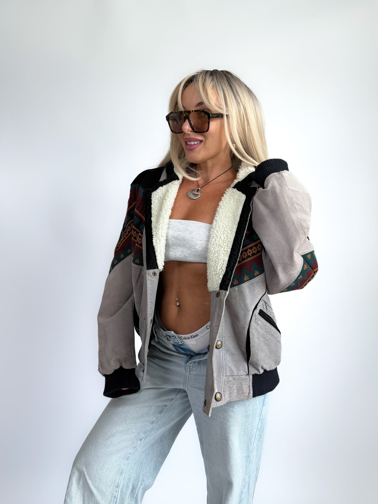 Vintage 90s Leather Suede Bomber Jacket with Sherpa Collar – Boho Aztec Navajo Print S-M