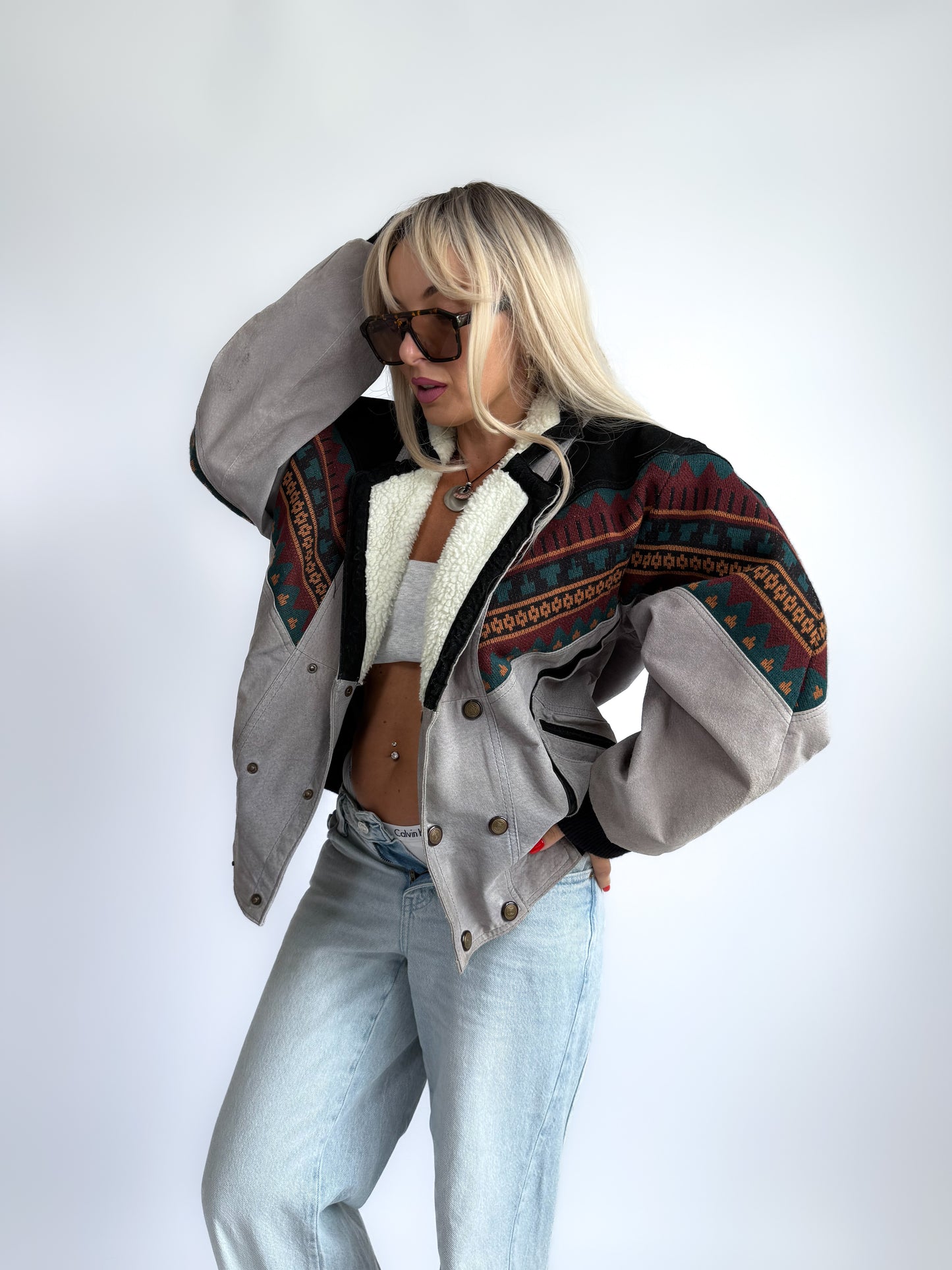 Vintage 90s Leather Suede Bomber Jacket with Sherpa Collar – Boho Aztec Navajo Print S-M