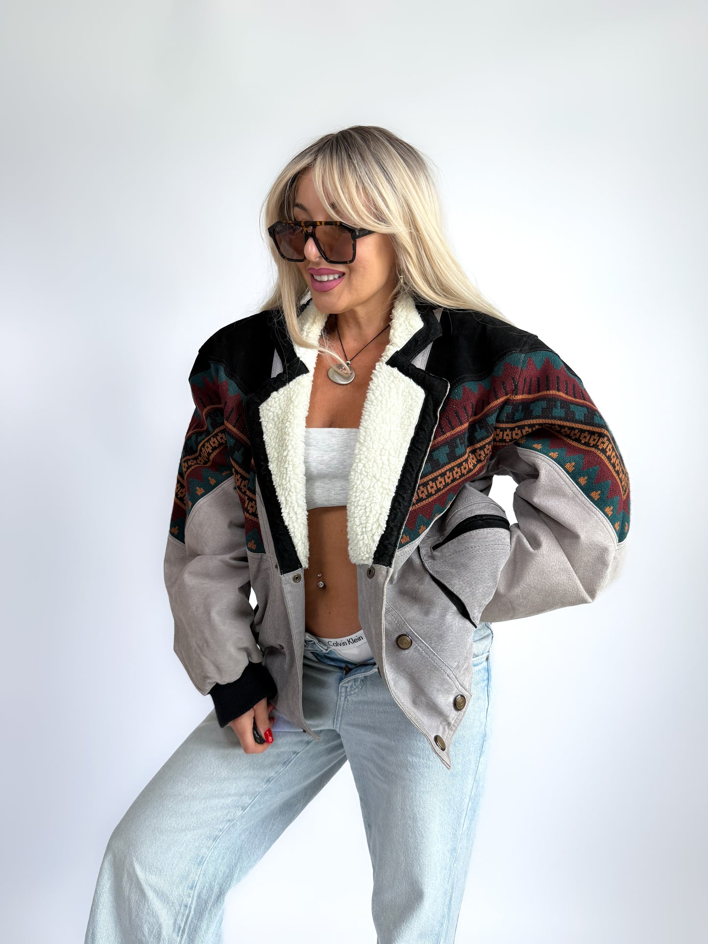 Vintage 90s Leather Suede Bomber Jacket with Sherpa Collar – Boho Aztec Navajo Print S-M