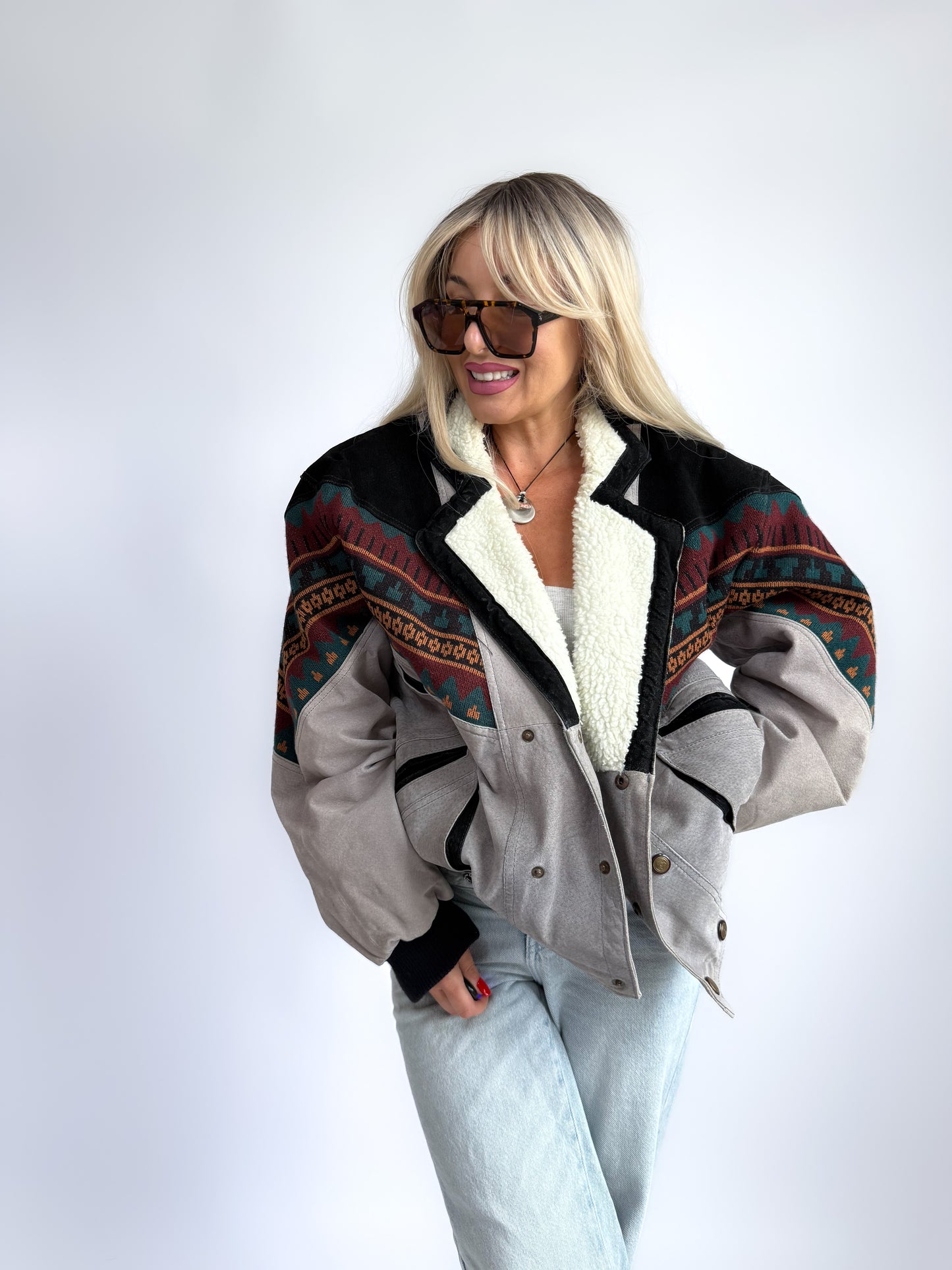 Vintage 90s Leather Suede Bomber Jacket with Sherpa Collar – Boho Aztec Navajo Print S-M
