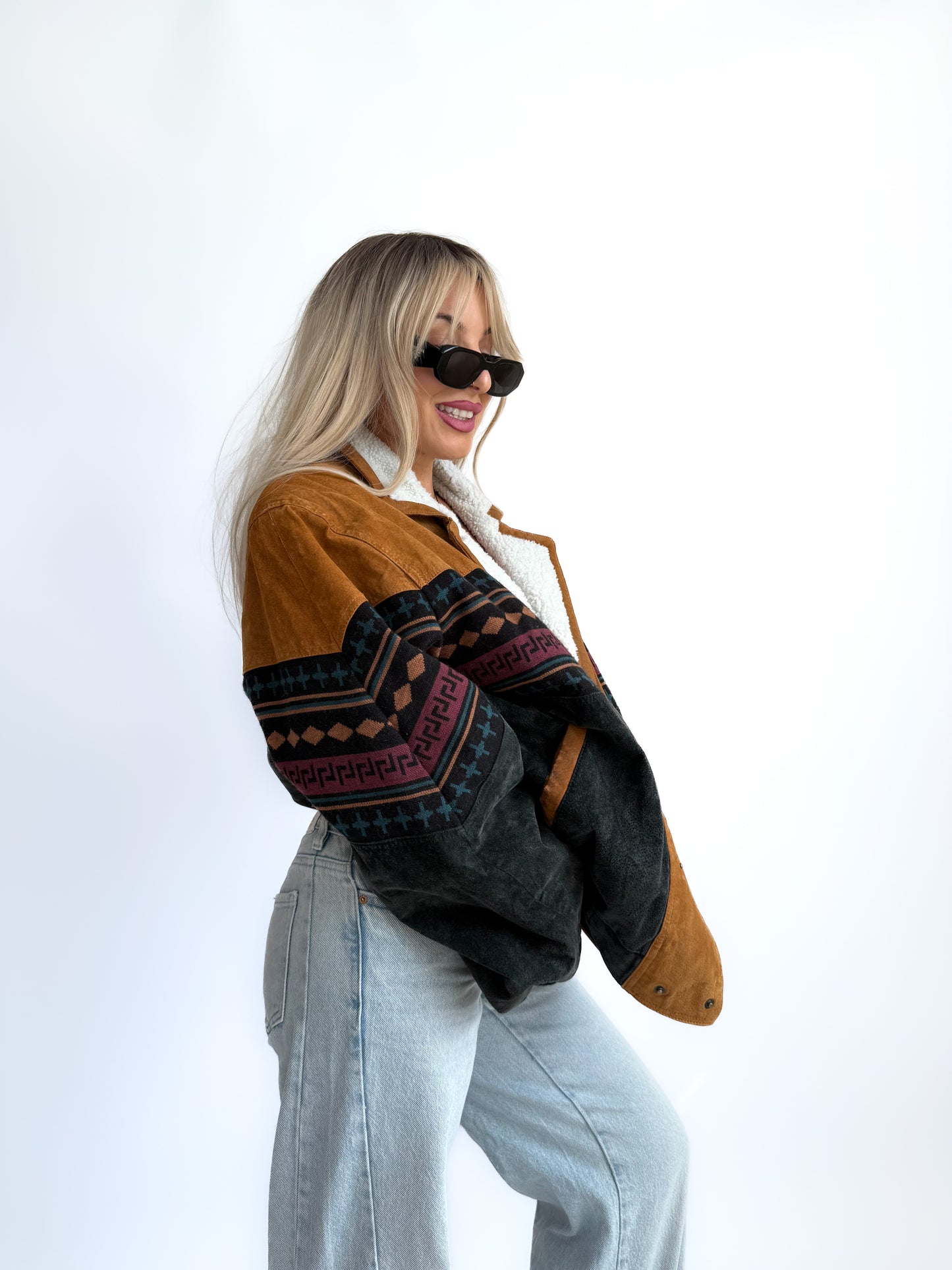 Vintage 90s Suede Leather Bomber Jacket – Tribal Aztec Navajo Print with Sherpa Collar L-XL