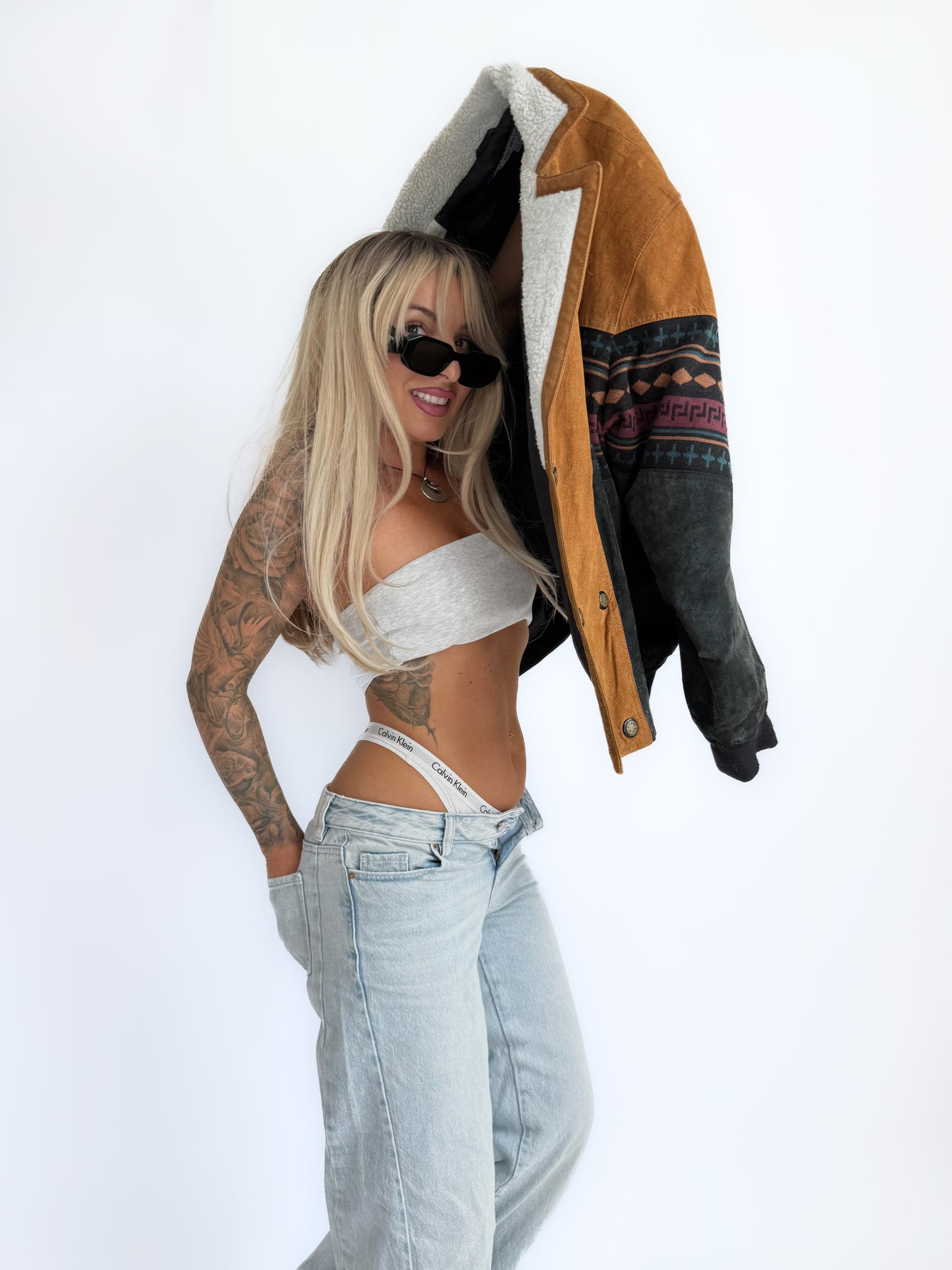 Vintage 90s Suede Leather Bomber Jacket – Tribal Aztec Navajo Print with Sherpa Collar L-XL