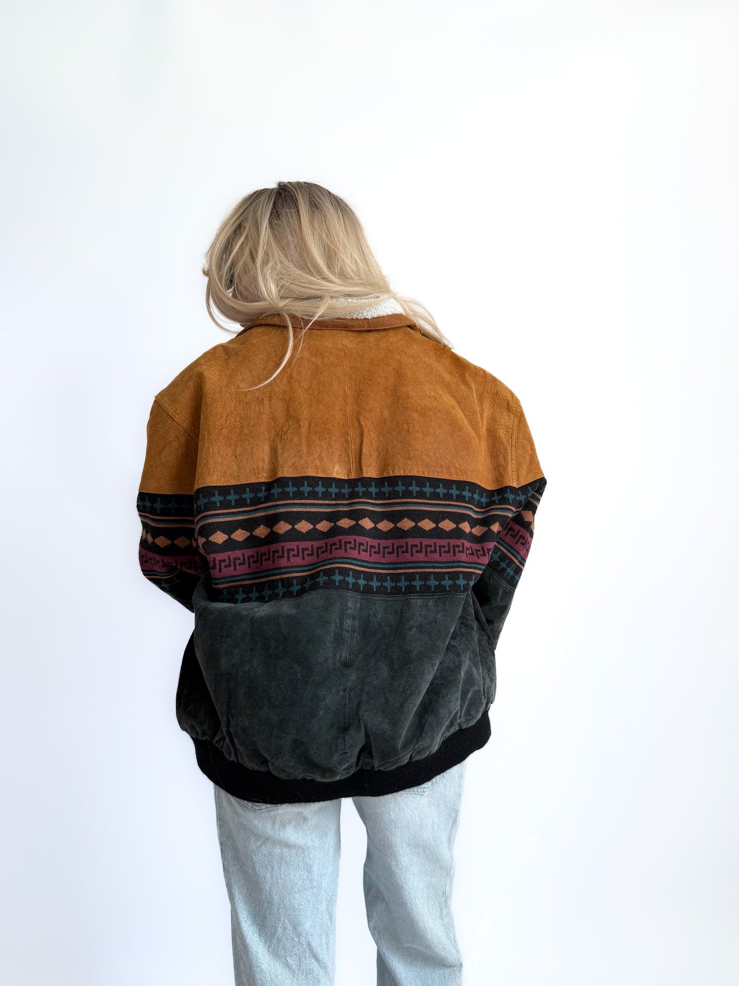 Vintage 90s Suede Leather Bomber Jacket – Tribal Aztec Navajo Print with Sherpa Collar L-XL