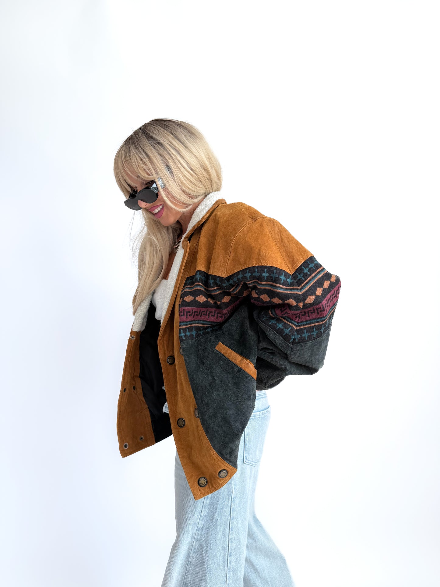 Vintage 90s Suede Leather Bomber Jacket – Tribal Aztec Navajo Print with Sherpa Collar L-XL
