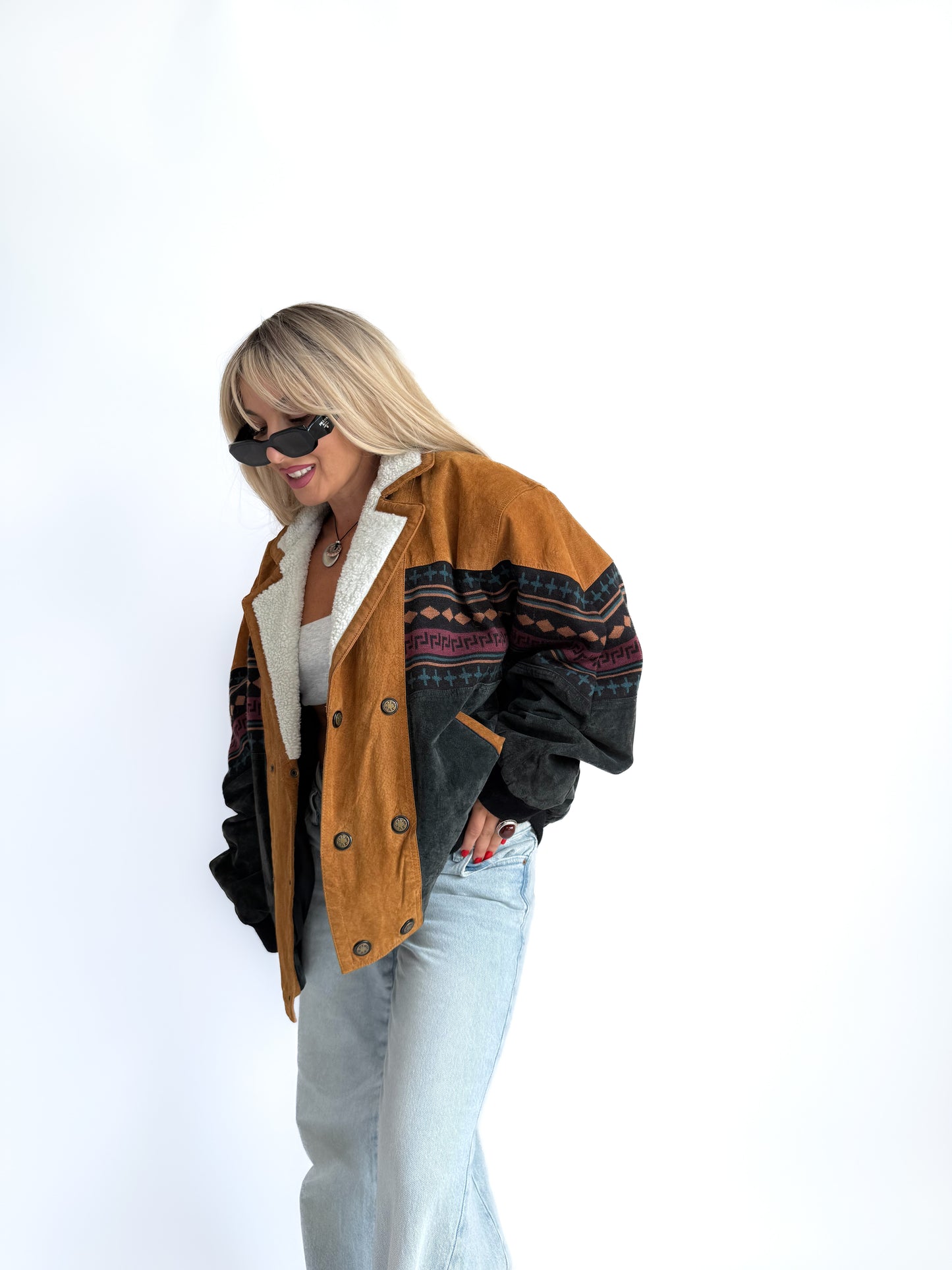 Vintage 90s Suede Leather Bomber Jacket – Tribal Aztec Navajo Print with Sherpa Collar L-XL