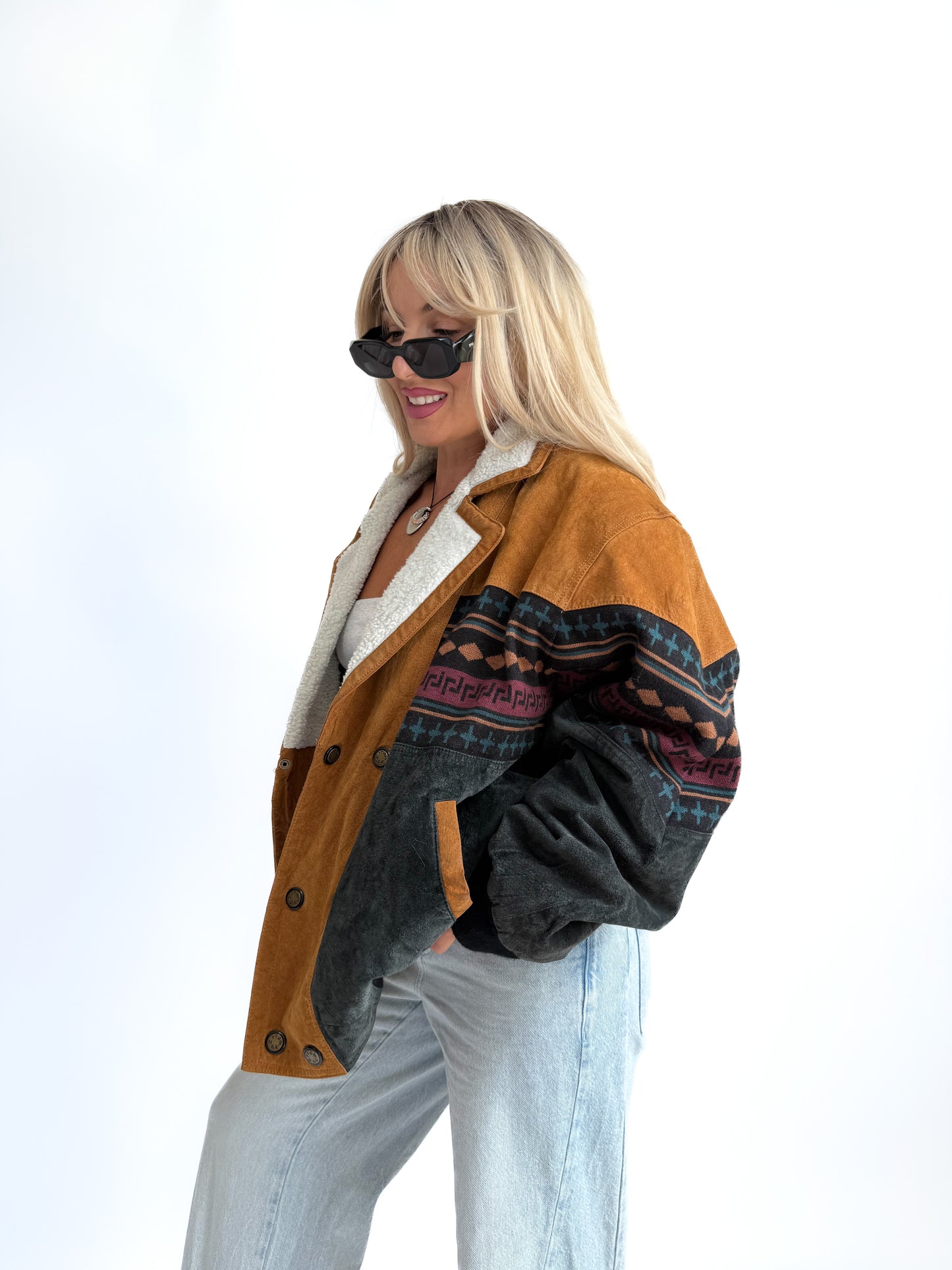Vintage 90s Suede Leather Bomber Jacket – Tribal Aztec Navajo Print with Sherpa Collar L-XL