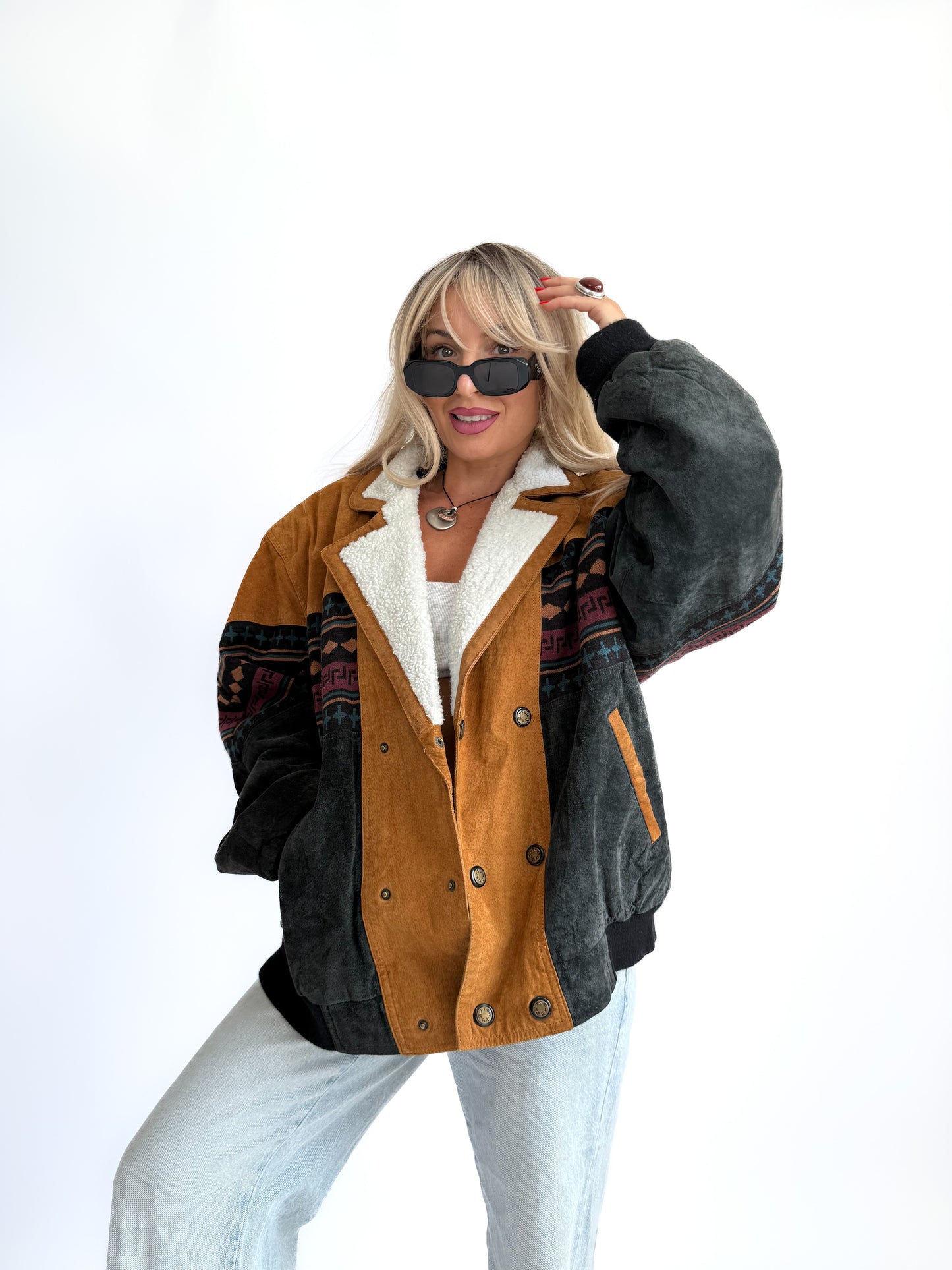 Vintage 90s Suede Leather Bomber Jacket – Tribal Aztec Navajo Print with Sherpa Collar L-XL