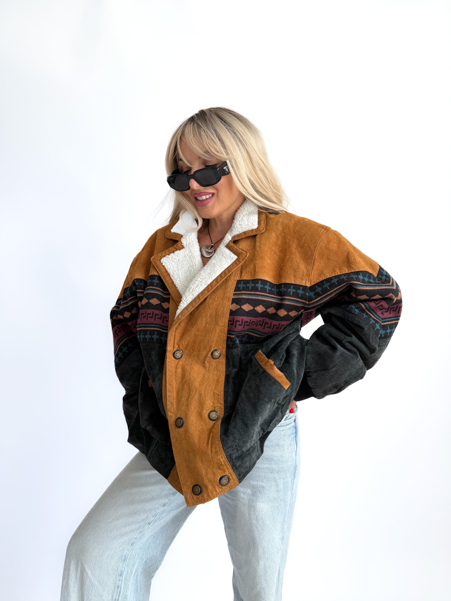 Vintage 90s Suede Leather Bomber Jacket – Tribal Aztec Navajo Print with Sherpa Collar L-XL