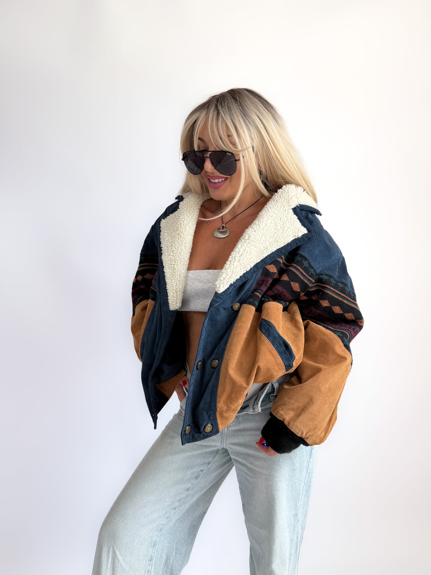 Vintage 90s Southwestern Leather Suede Bomber Jacket with Sherpa Collar – Boho Aztec Navajo Print S-M
