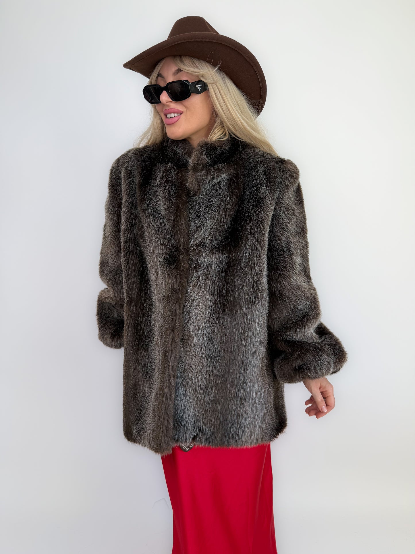 Vintage Brown Frosted Faux Fur Coat S