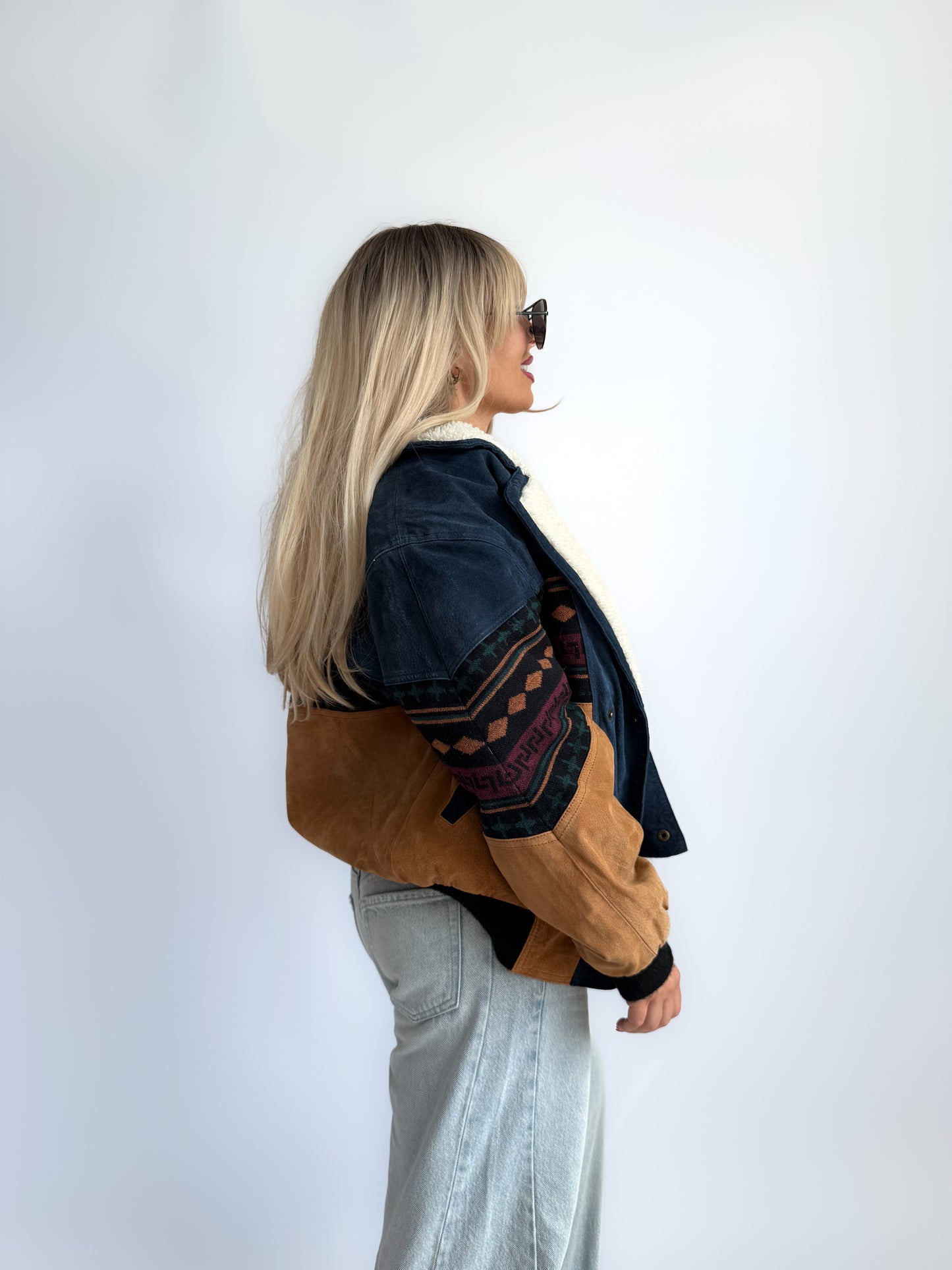Vintage 90s Southwestern Leather Suede Bomber Jacket with Sherpa Collar – Boho Aztec Navajo Print S-M