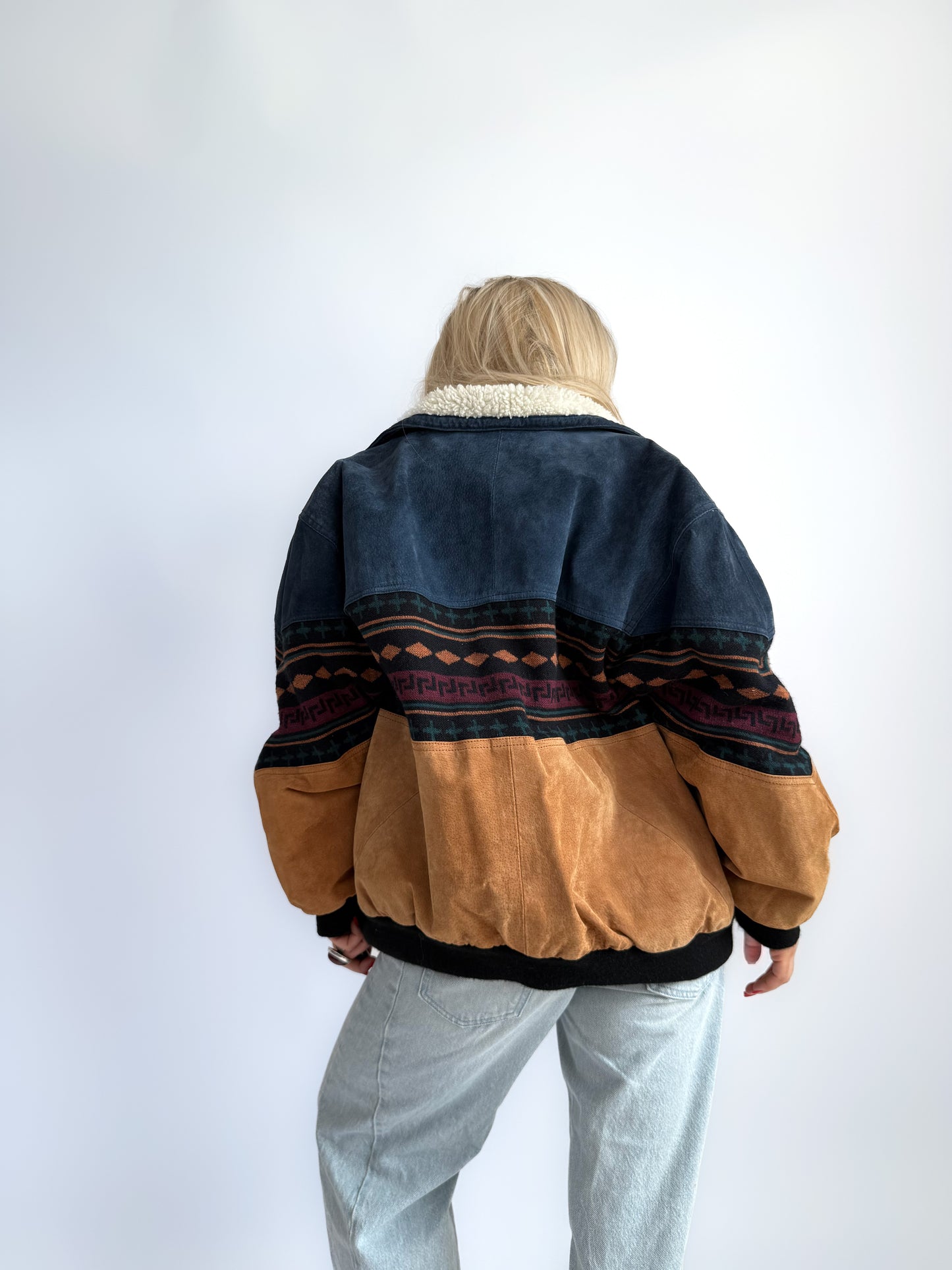 Vintage 90s Southwestern Leather Suede Bomber Jacket with Sherpa Collar – Boho Aztec Navajo Print S-M