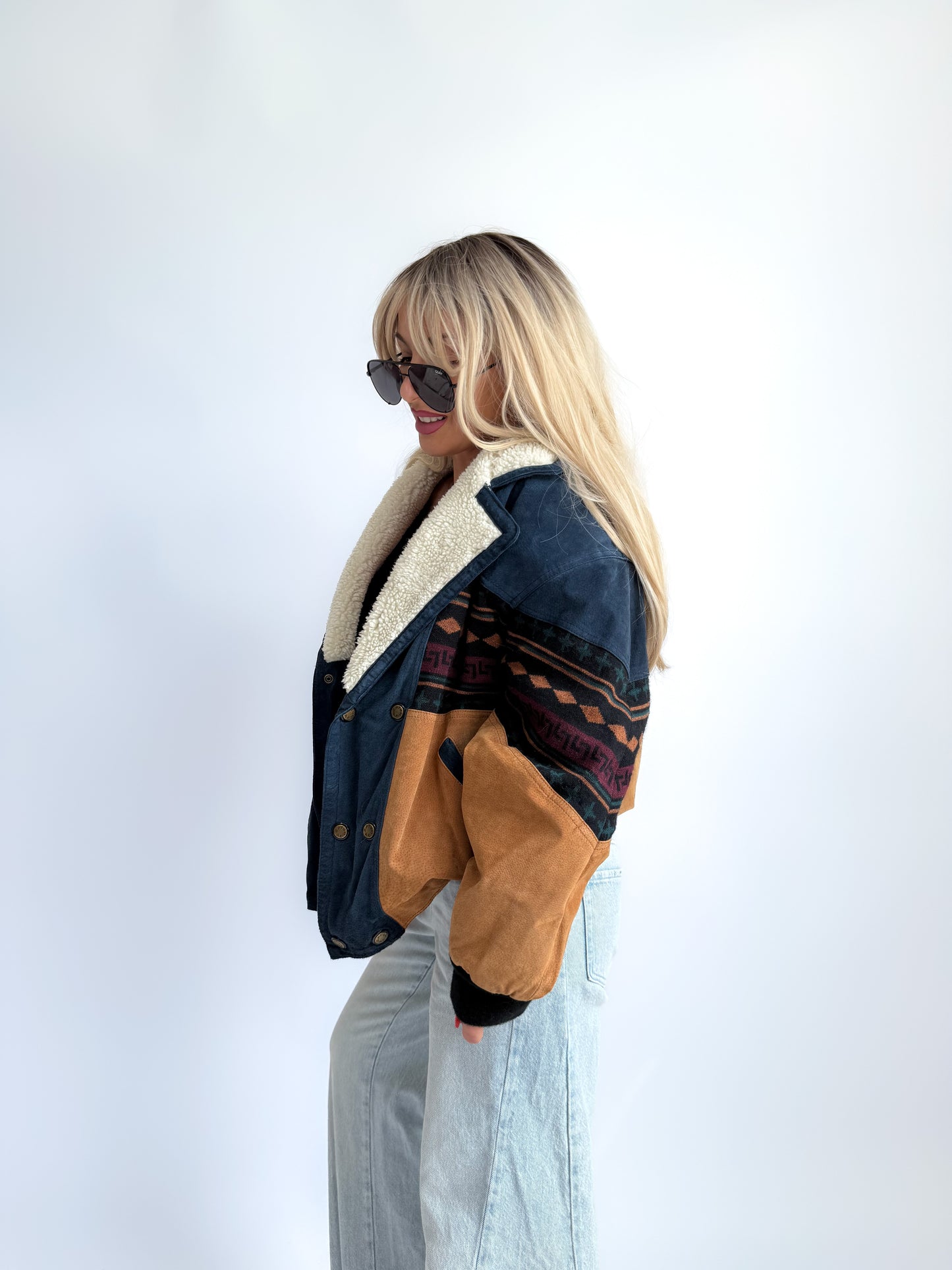 Vintage 90s Southwestern Leather Suede Bomber Jacket with Sherpa Collar – Boho Aztec Navajo Print S-M