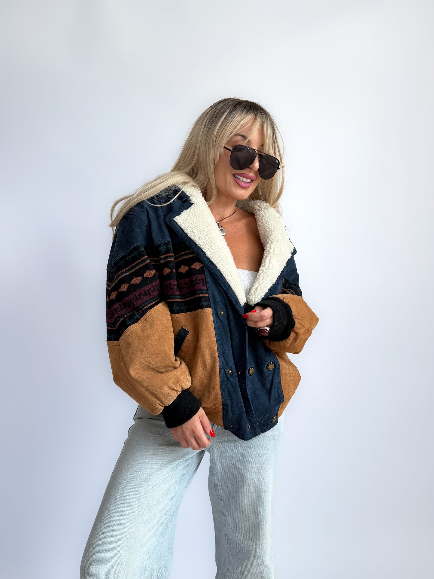 Vintage 90s Southwestern Leather Suede Bomber Jacket with Sherpa Collar – Boho Aztec Navajo Print S-M