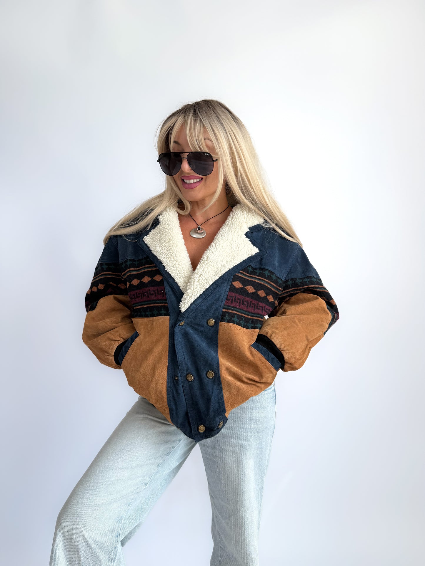 Vintage 90s Southwestern Leather Suede Bomber Jacket with Sherpa Collar – Boho Aztec Navajo Print S-M