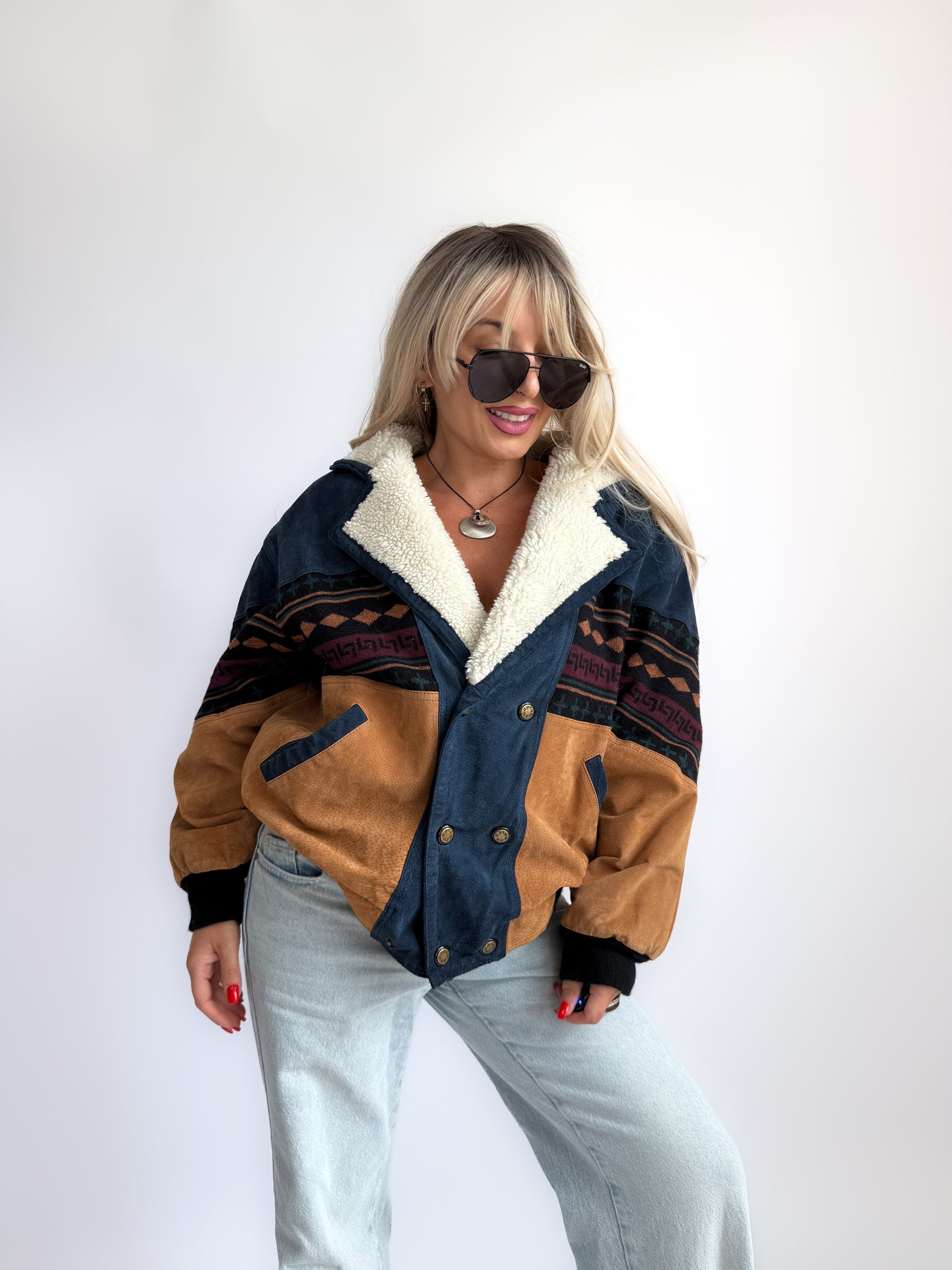 Vintage 90s Southwestern Leather Suede Bomber Jacket with Sherpa Collar – Boho Aztec Navajo Print S-M
