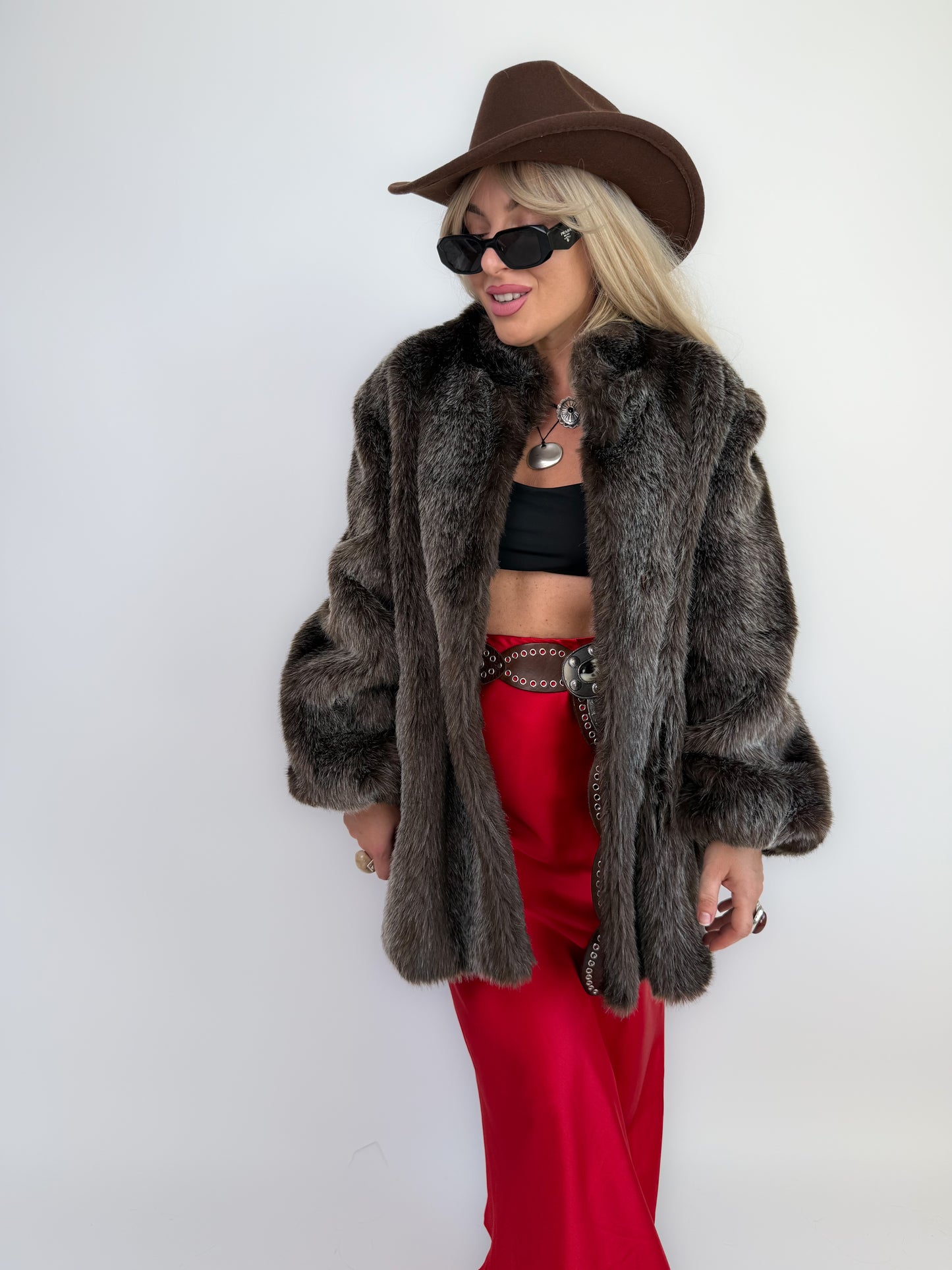 Vintage Brown Frosted Faux Fur Coat S