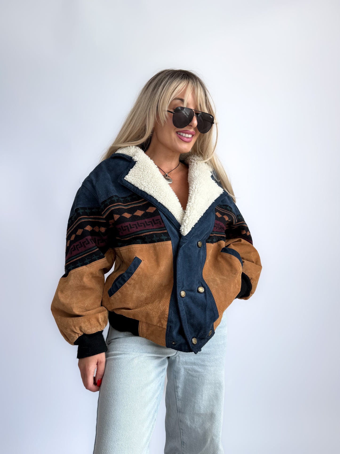 Vintage 90s Southwestern Leather Suede Bomber Jacket with Sherpa Collar – Boho Aztec Navajo Print S-M