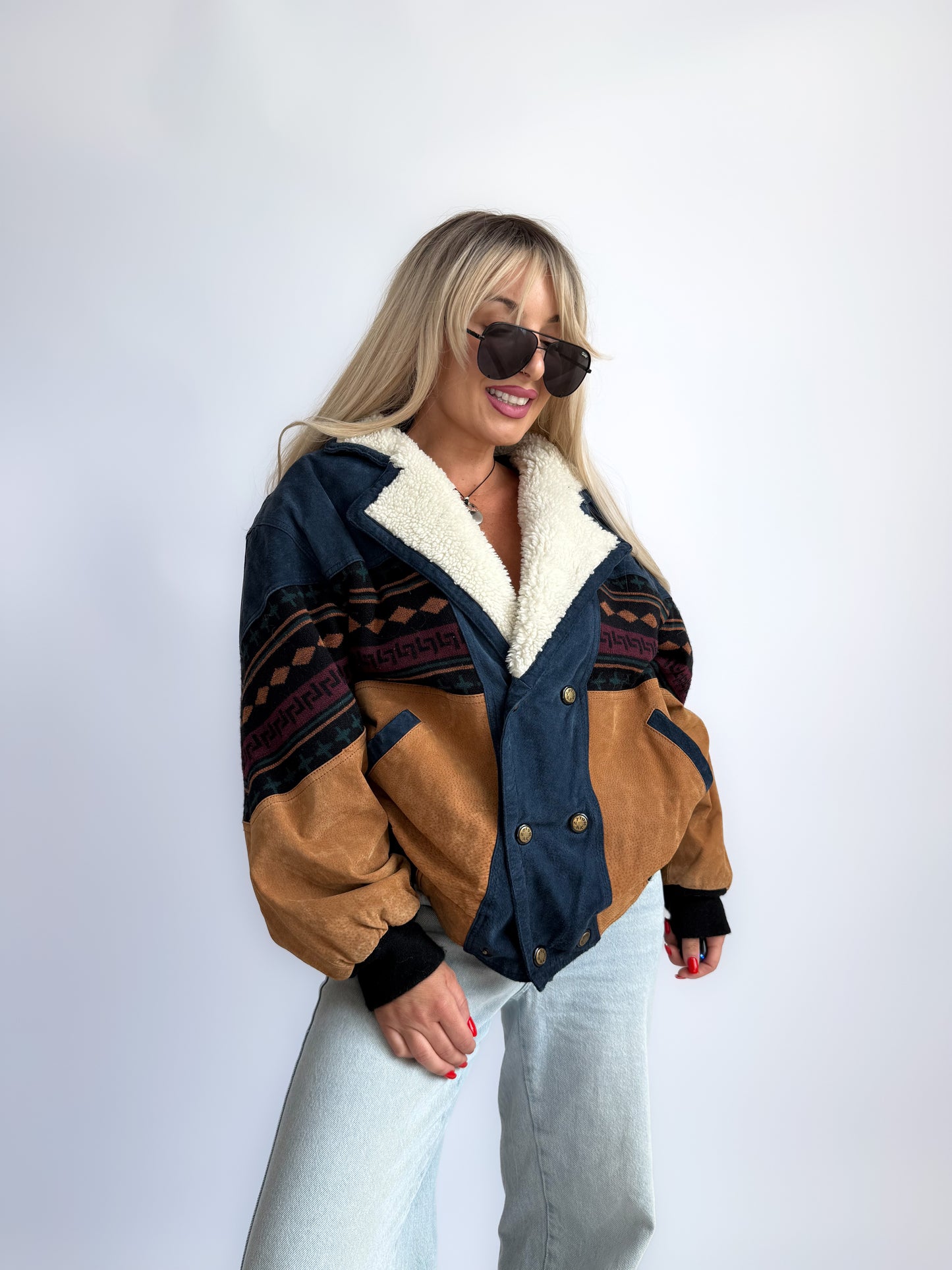 Vintage 90s Southwestern Leather Suede Bomber Jacket with Sherpa Collar – Boho Aztec Navajo Print S-M