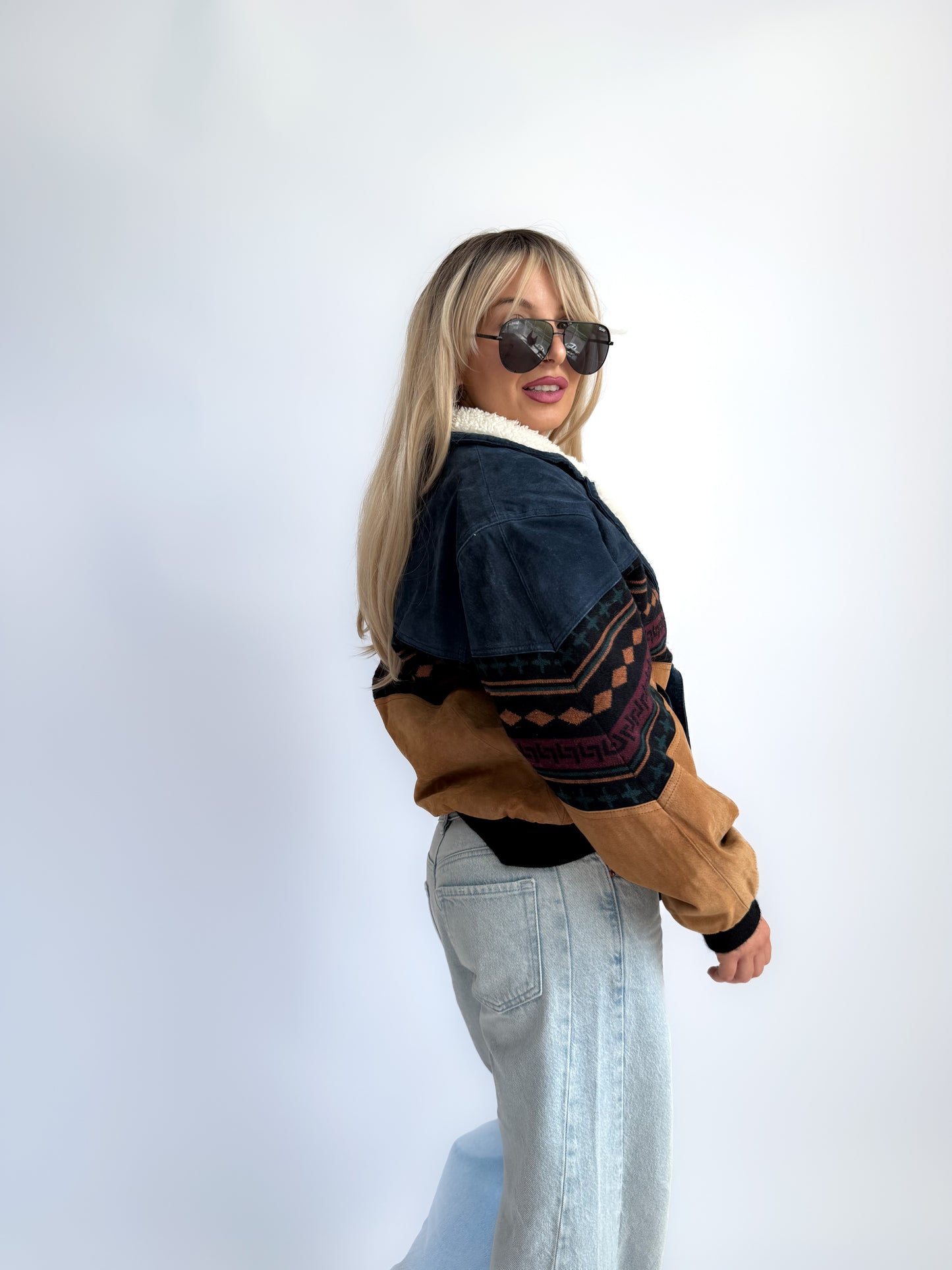 Vintage 90s Southwestern Leather Suede Bomber Jacket with Sherpa Collar – Boho Aztec Navajo Print S-M