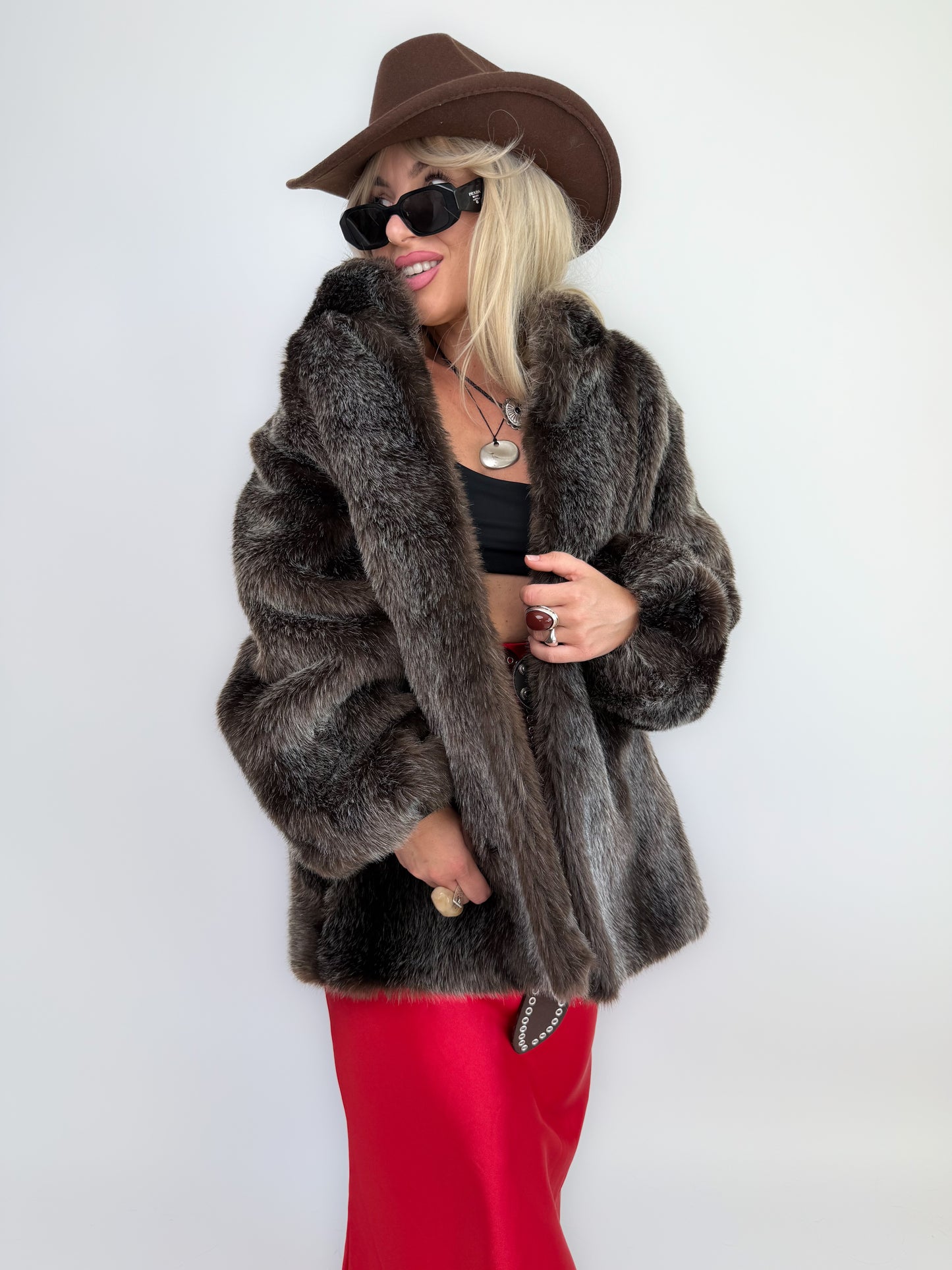 Vintage Brown Frosted Faux Fur Coat S