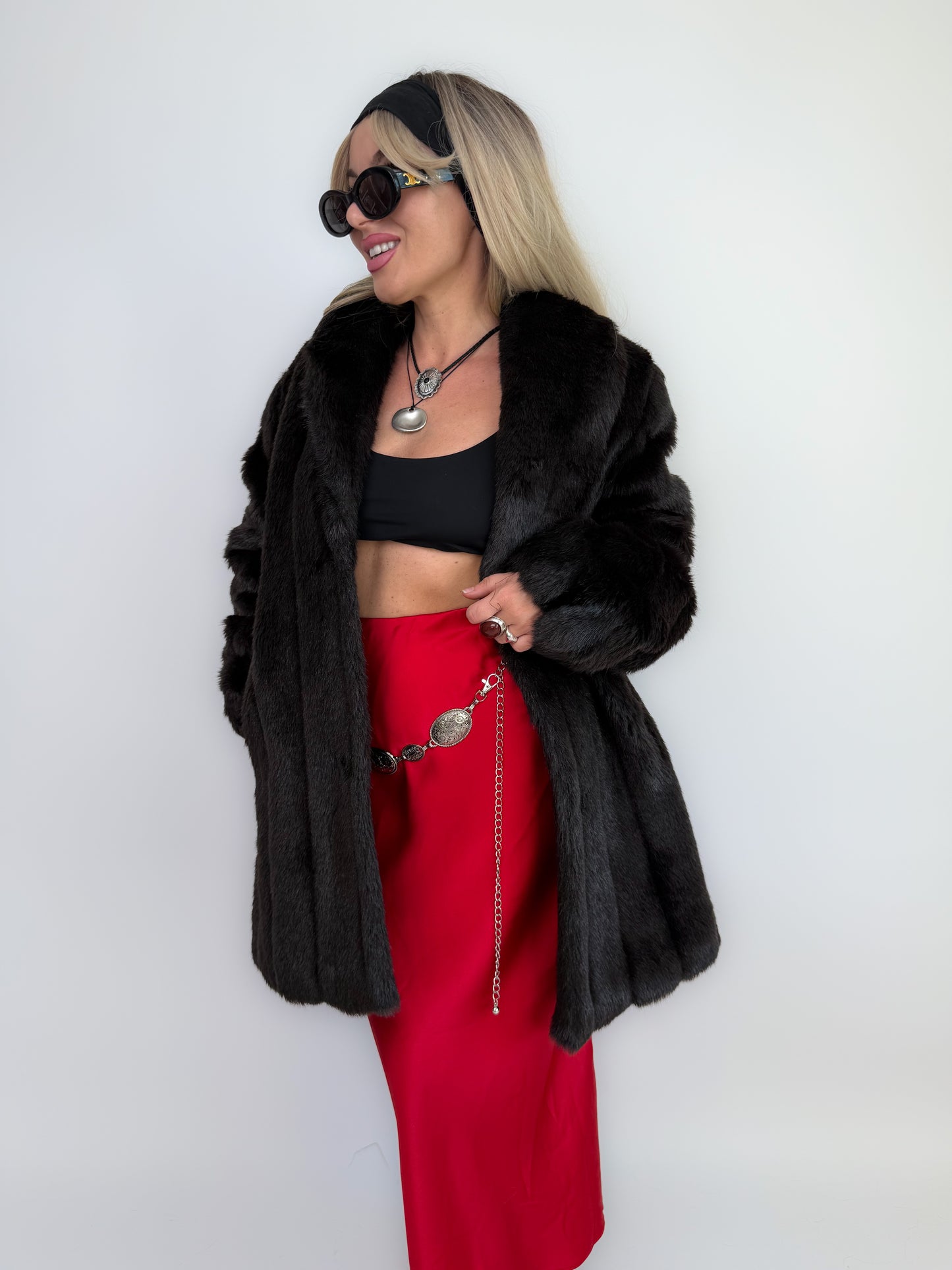 Vintage Black Faux Fur Coat Mid Length Winter Jacket S-M
